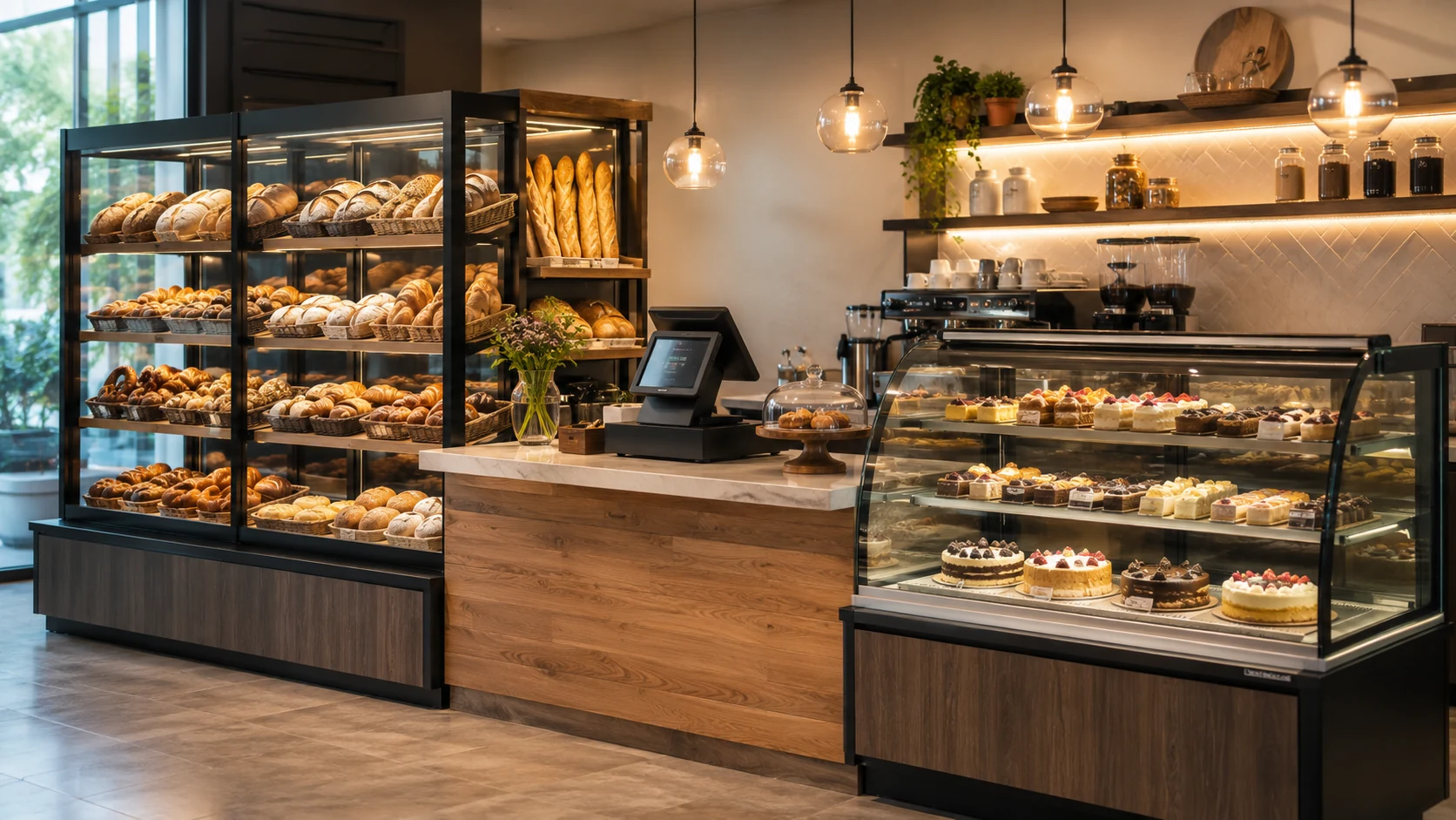 commercial bakery display equipment used in a modern bakery cafe