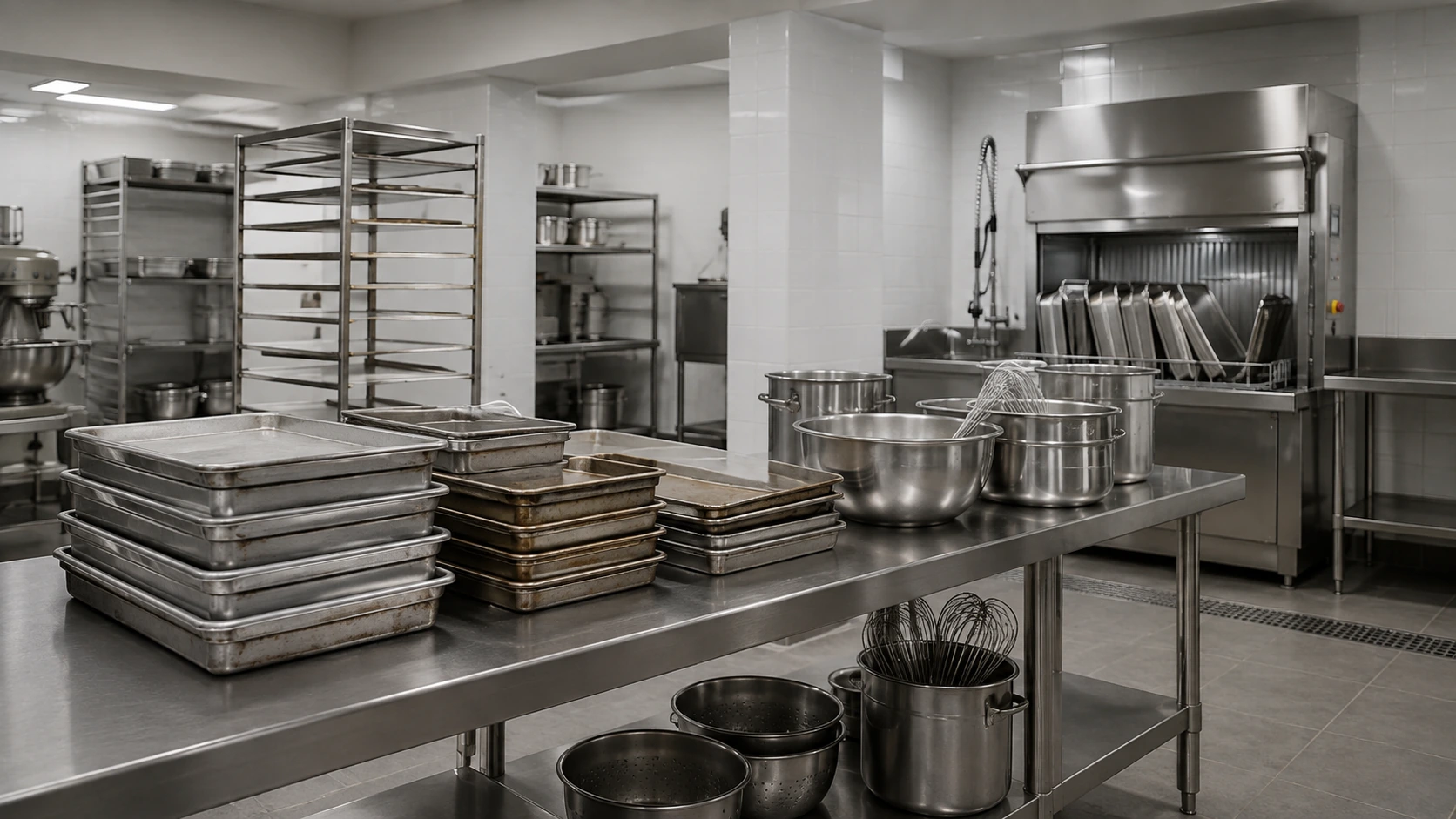 Bakery and central kitchen utensil washing area with trays pots mixer bowls and commercial pot washer
