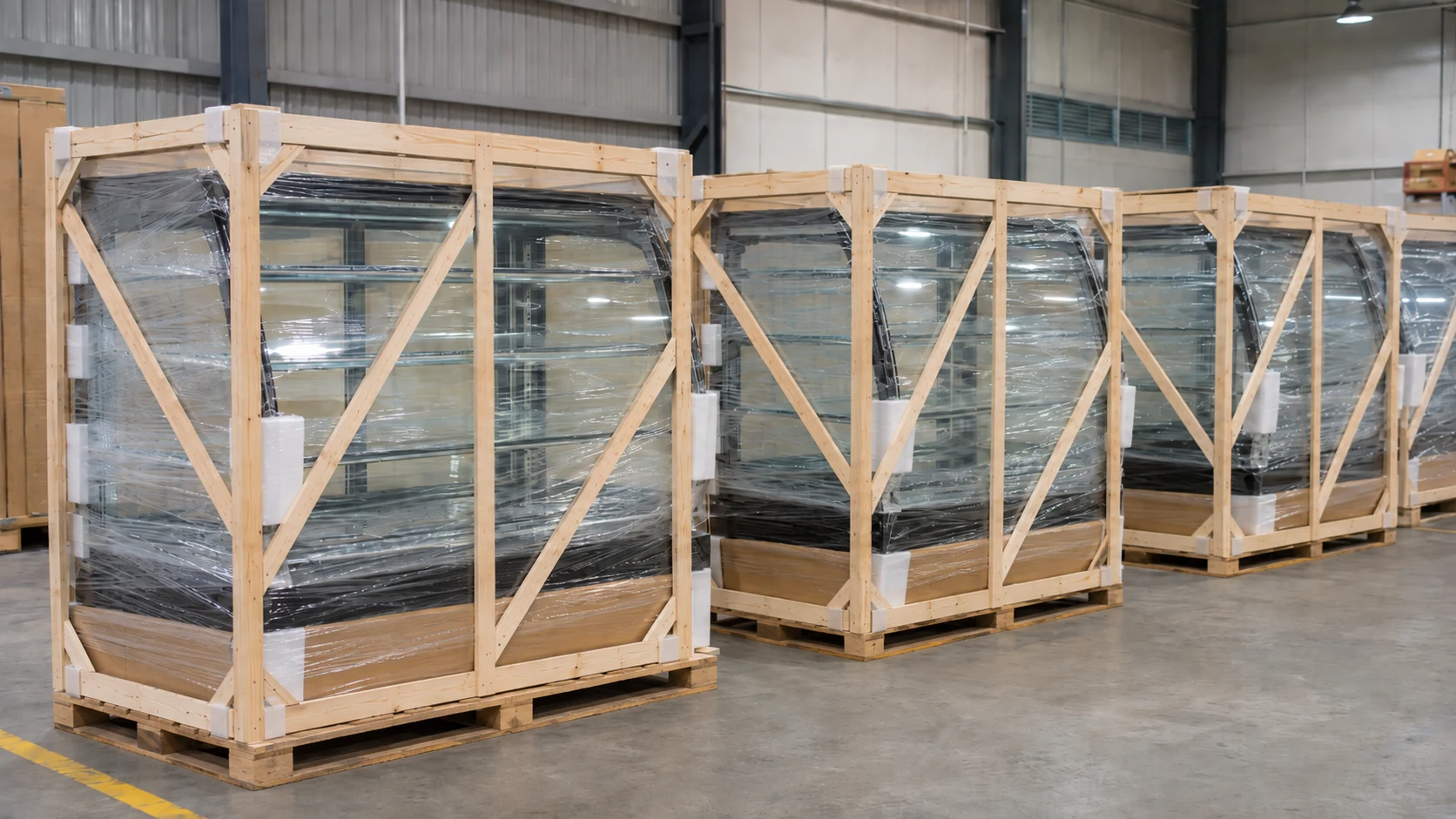 commercial bakery display equipment protected in reinforced wooden frames for export