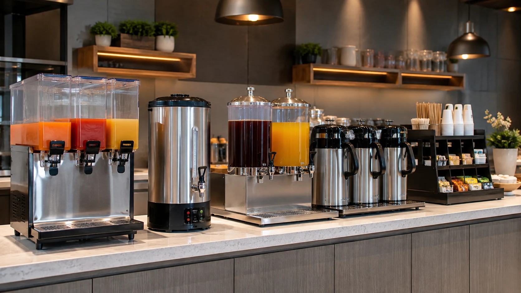 commercial beverage equipment used in a hotel breakfast station