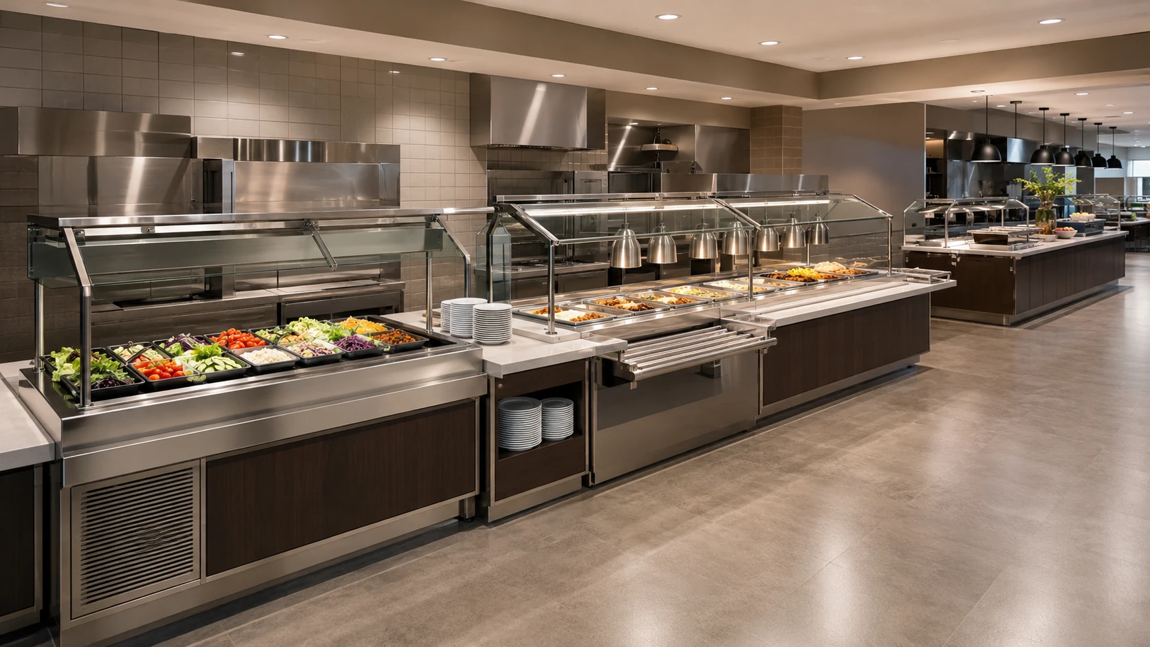 complete buffet serving counter line in a commercial canteen