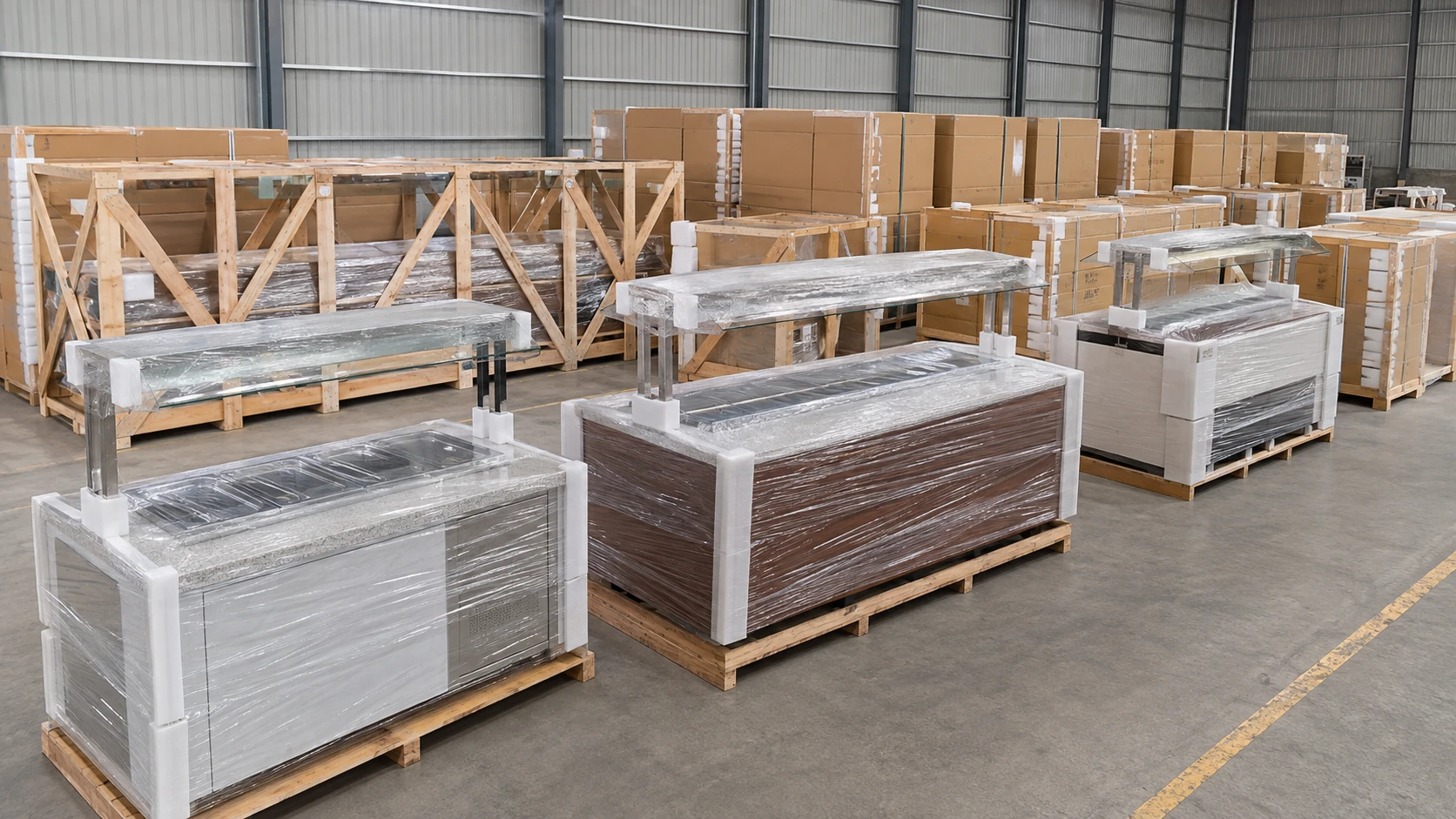 commercial buffet serving counter modules protected for export delivery