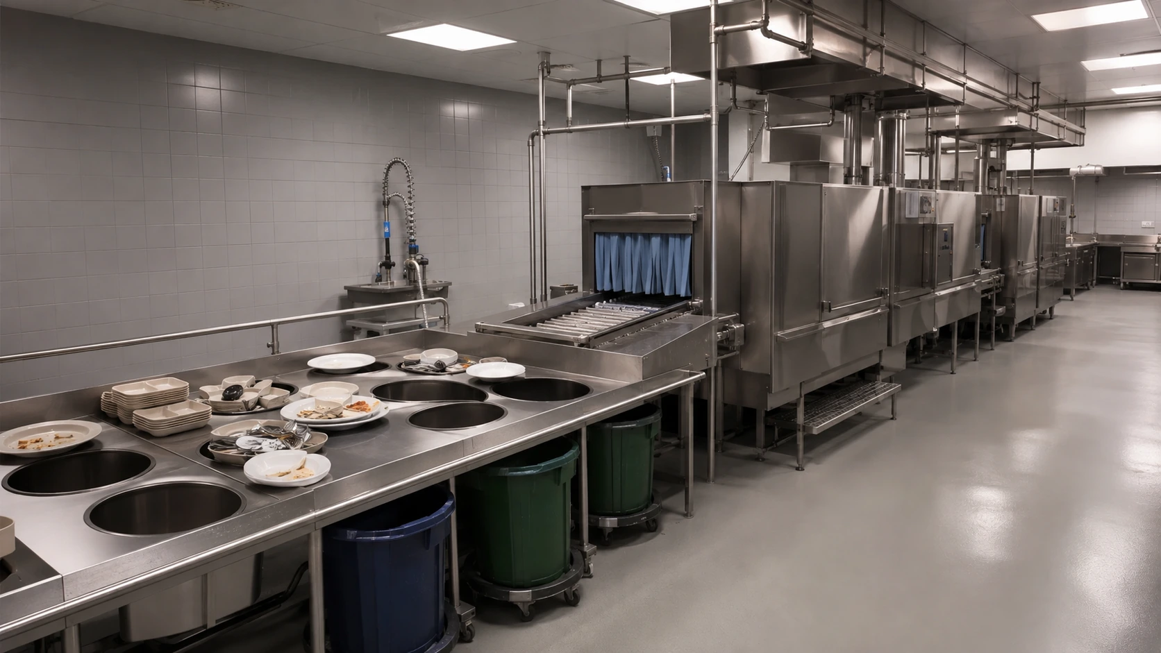Central kitchen commercial dish sorting line with waste openings pre-rinse station and conveyor dishwasher entry