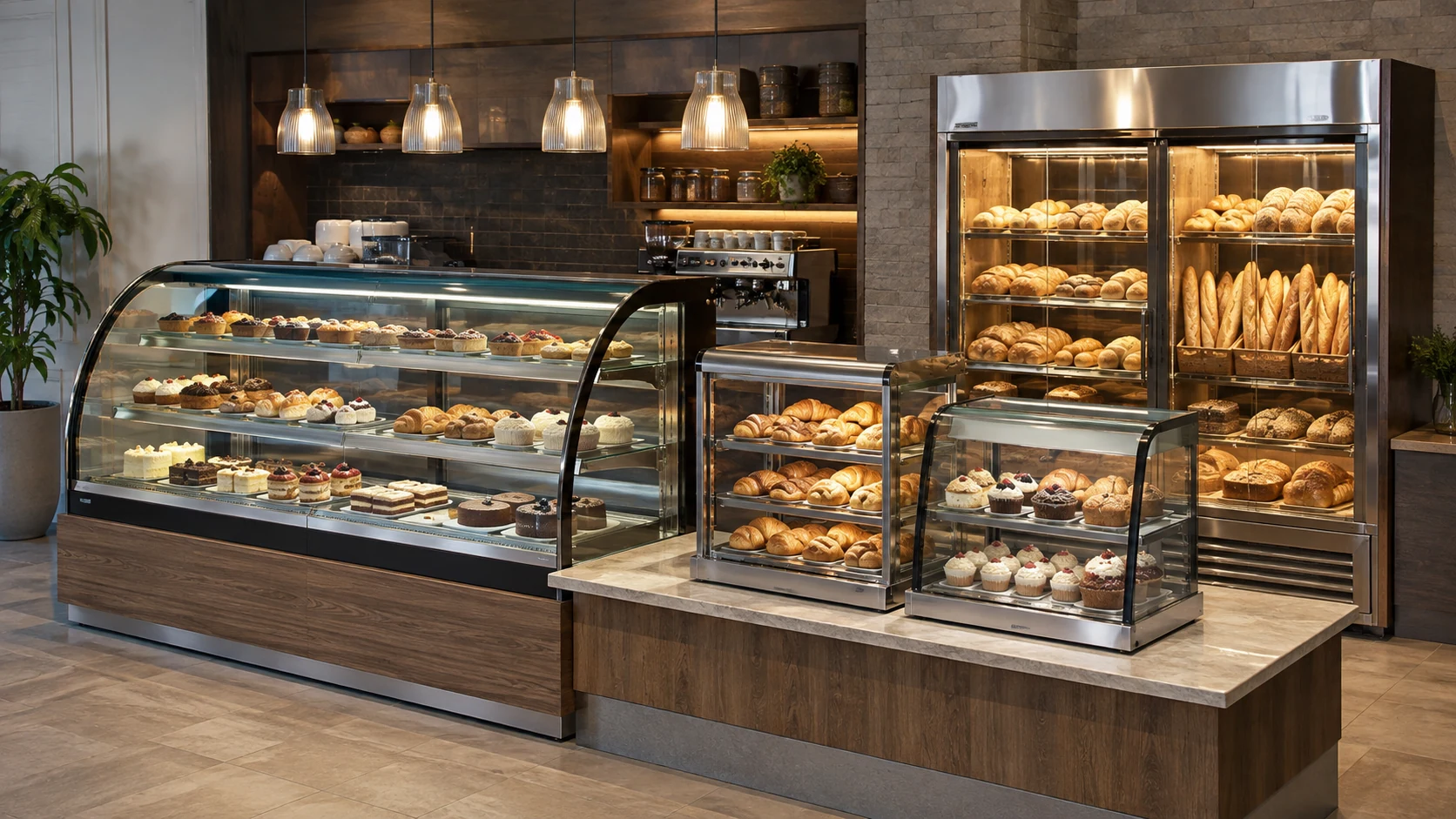 commercial bakery display equipment in a modern bakery and cafe
