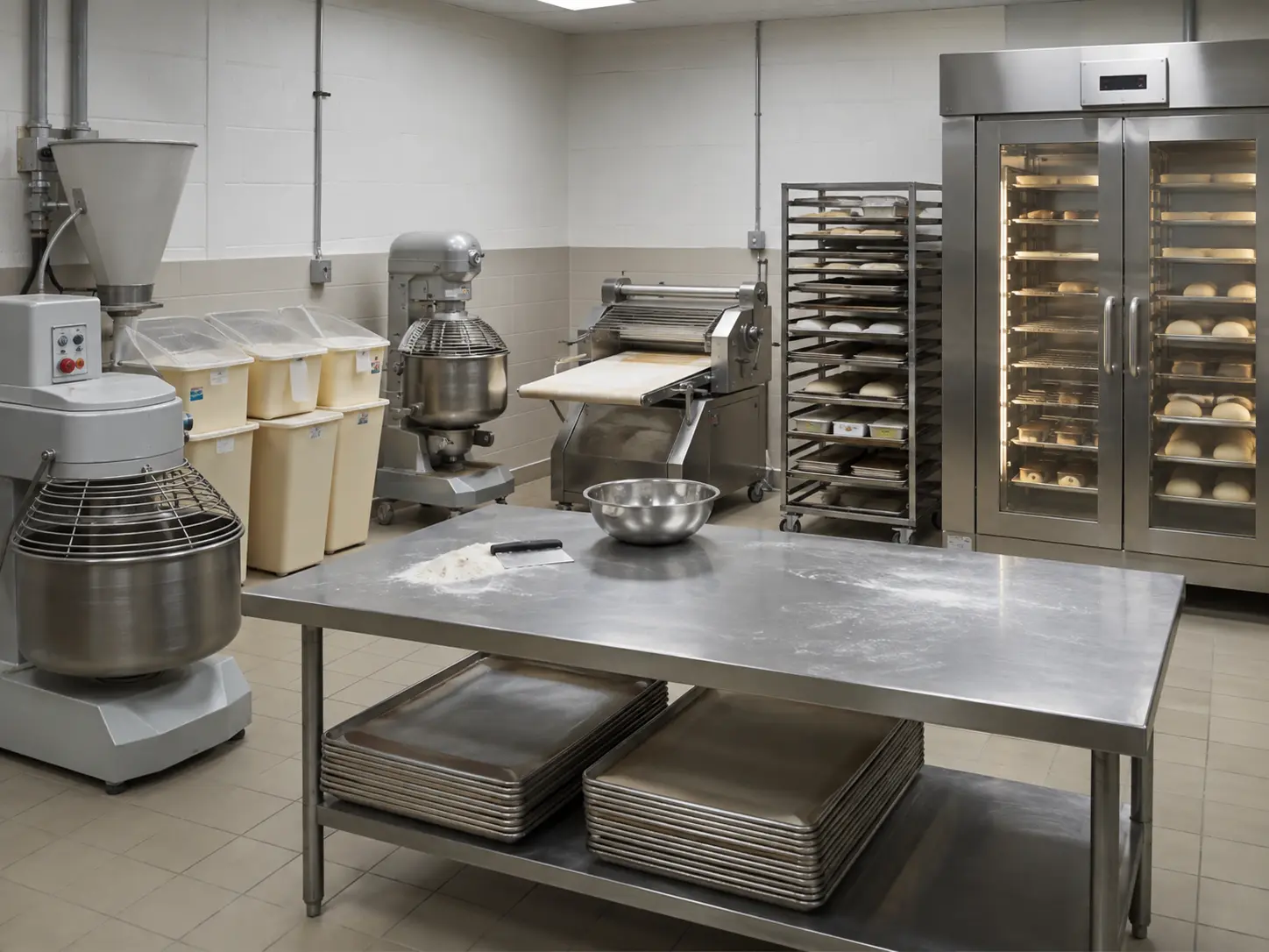 commercial bakery dough preparation and proofing area