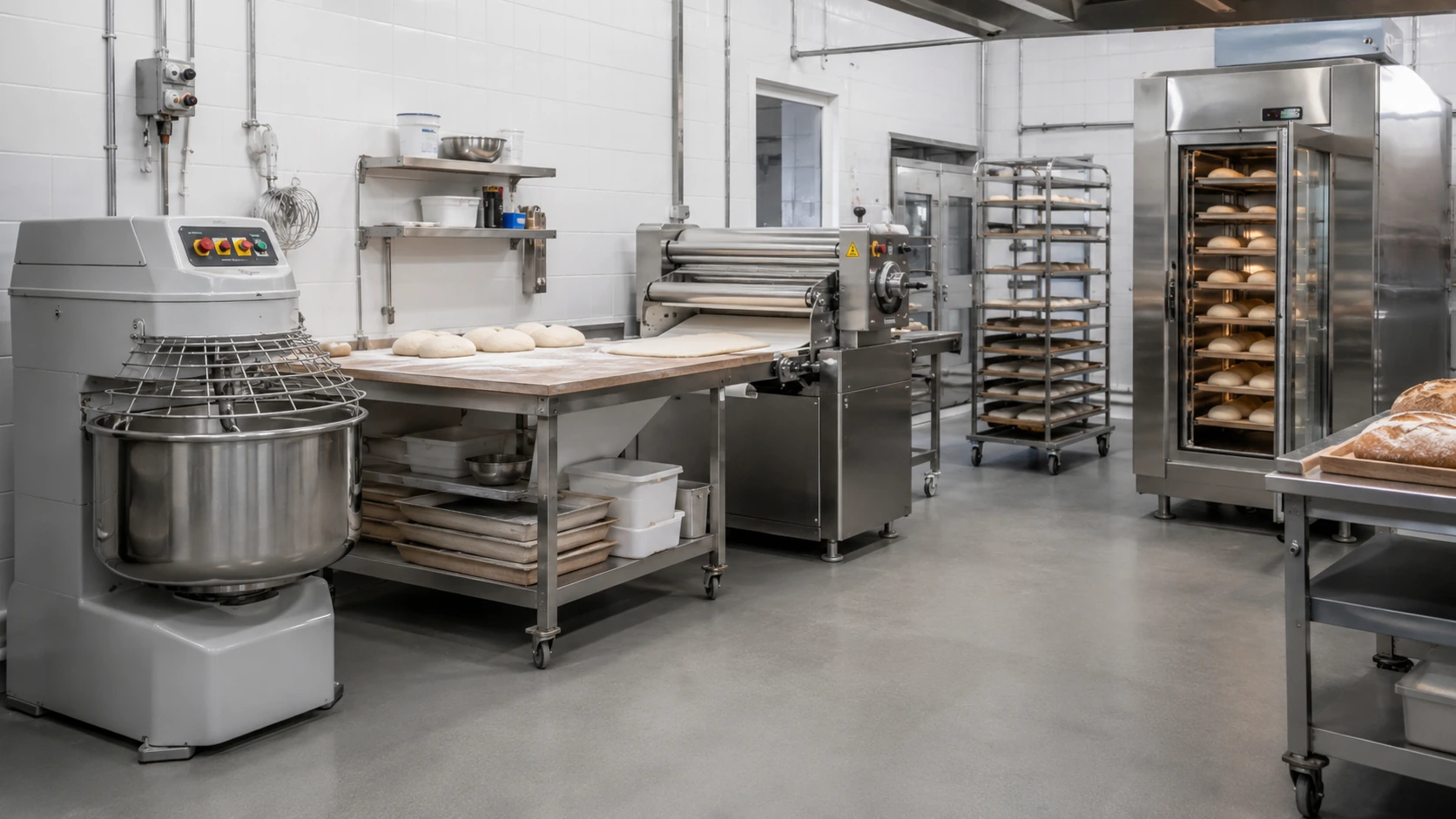Commercial bakery production application with mixer, dough sheeter and proofer