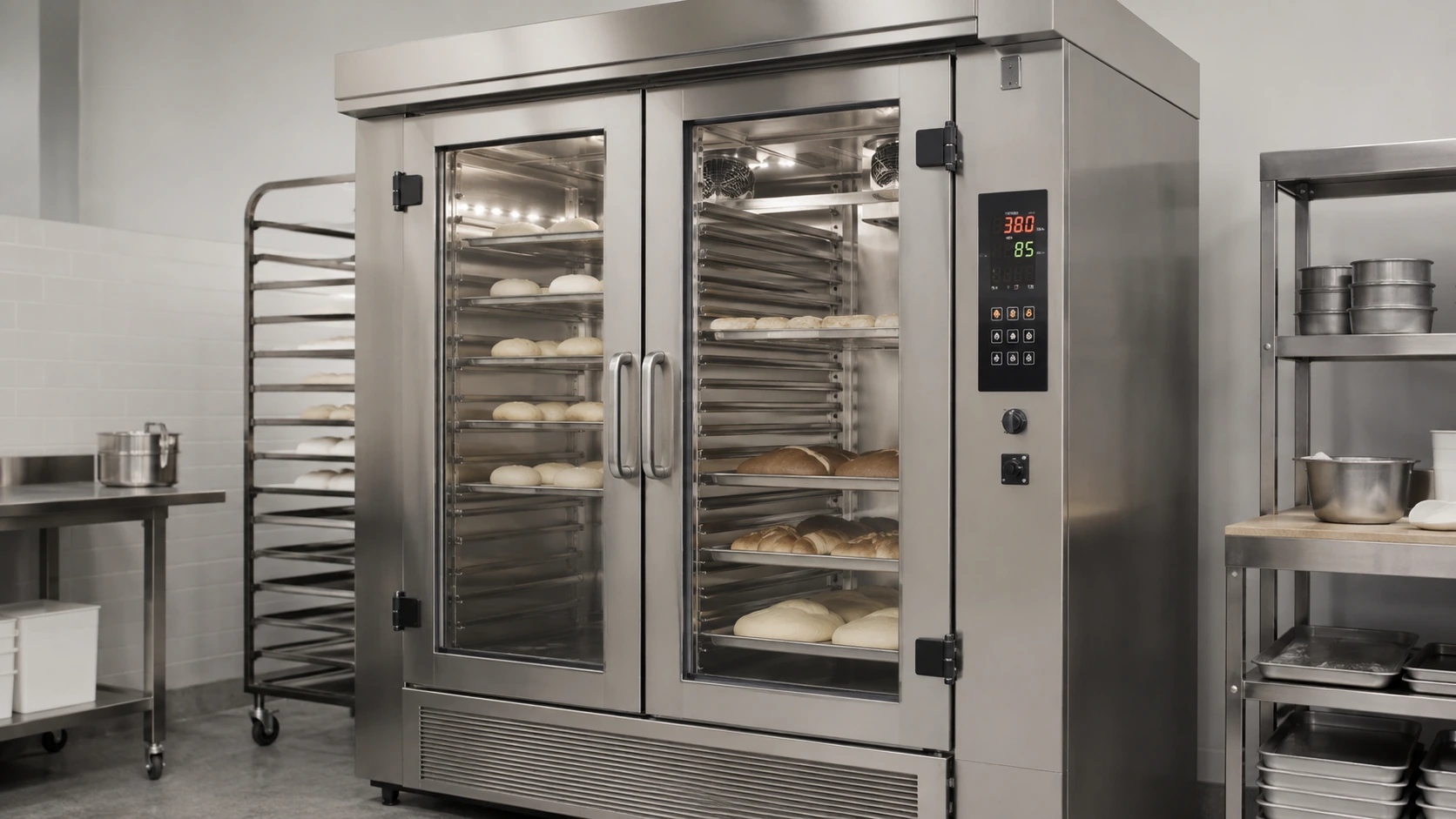 Commercial bakery proofer cabinet with temperature and humidity controls