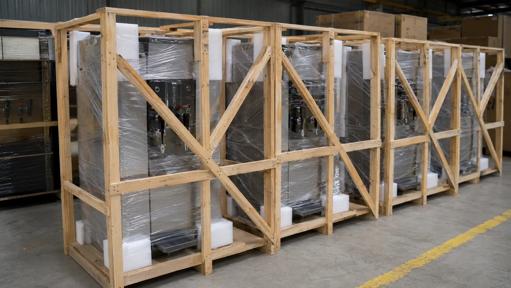 commercial beverage equipment protected in reinforced wooden frames for export