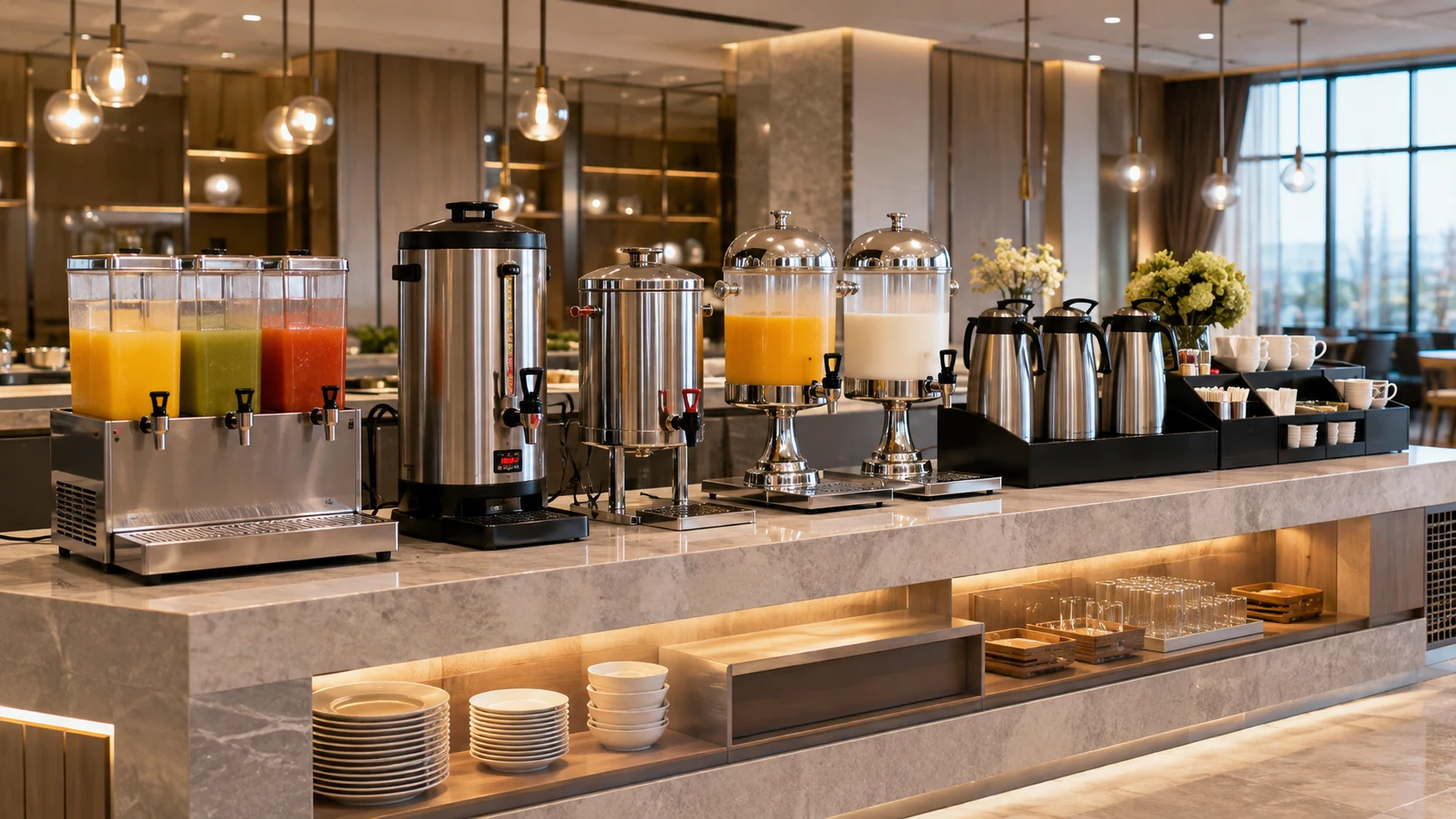 commercial beverage equipment in a modern hotel breakfast area