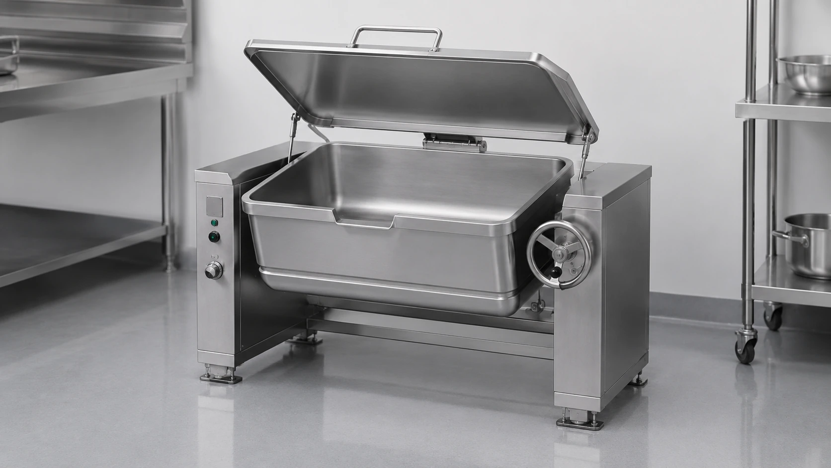 Floor-standing commercial tilting boiling pan with open lid