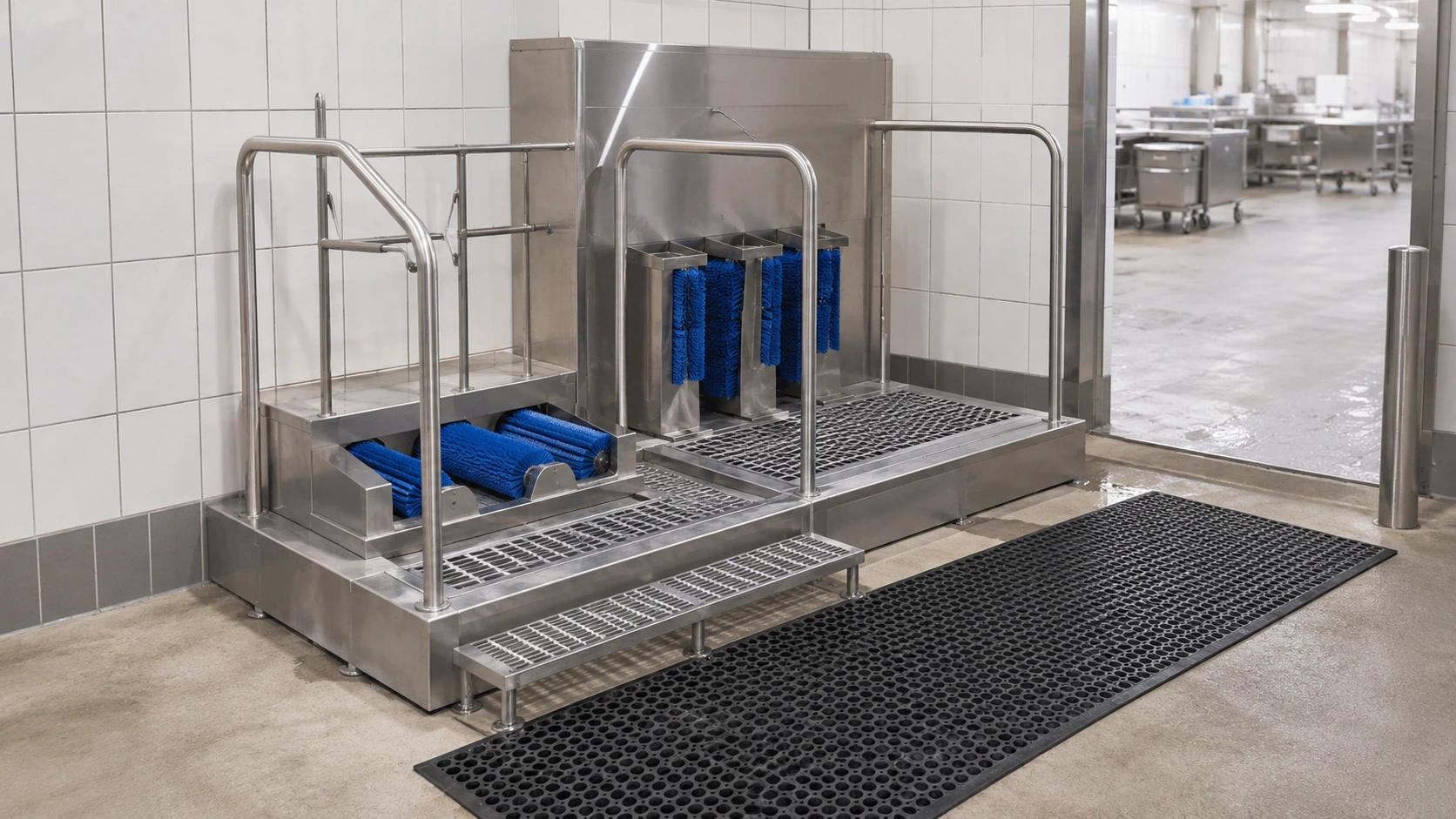 Commercial boot and sole cleaning station with stainless steel handrails rotating brushes and drainage grating