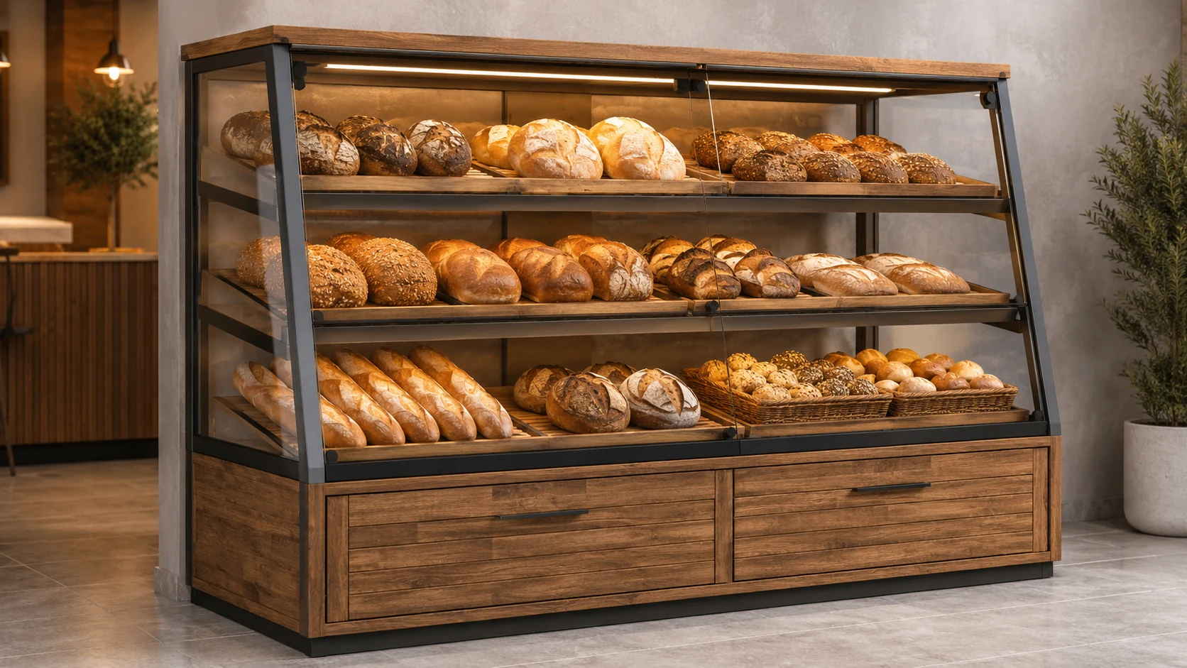commercial bread display cabinet with timber finish and glass front