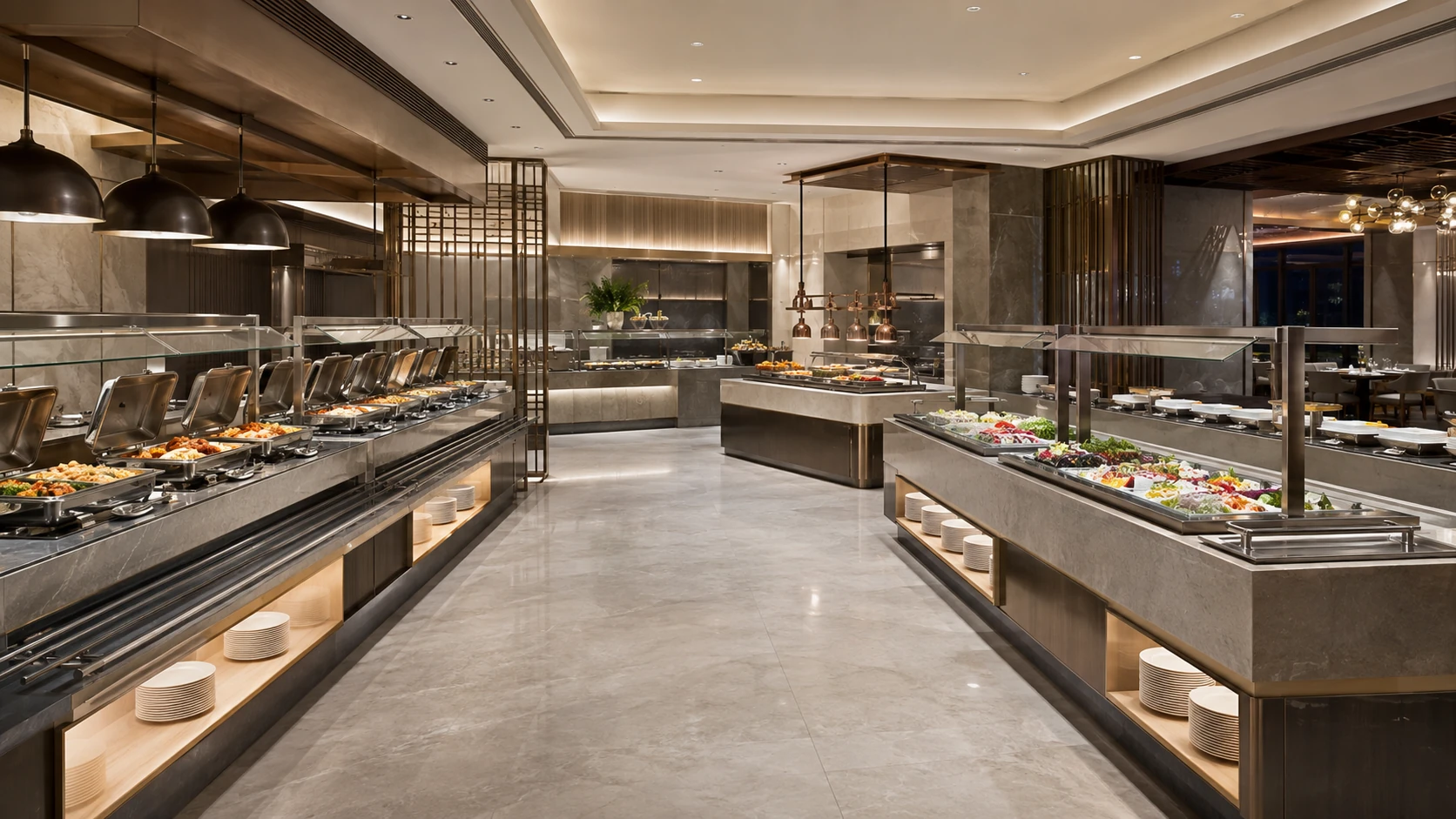 commercial buffet serving counters in a modern hotel restaurant