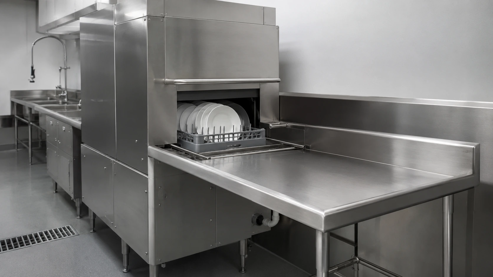 Commercial clean dish table connected to a dishwasher outlet with stainless steel draining surface and rack guide