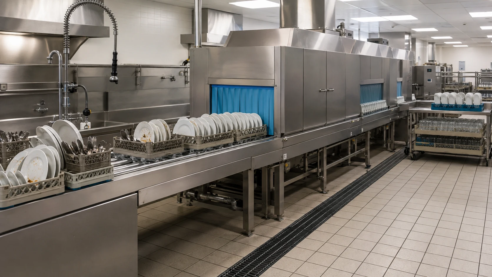 commercial conveyor dishwashers processing racks in a high-volume canteen dishroom