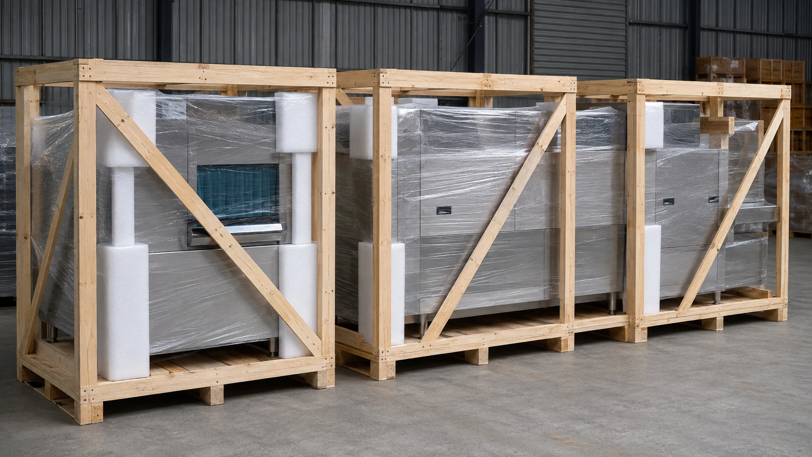 commercial conveyor dishwasher modules packed in fitted export wooden frames with diagonal bracing