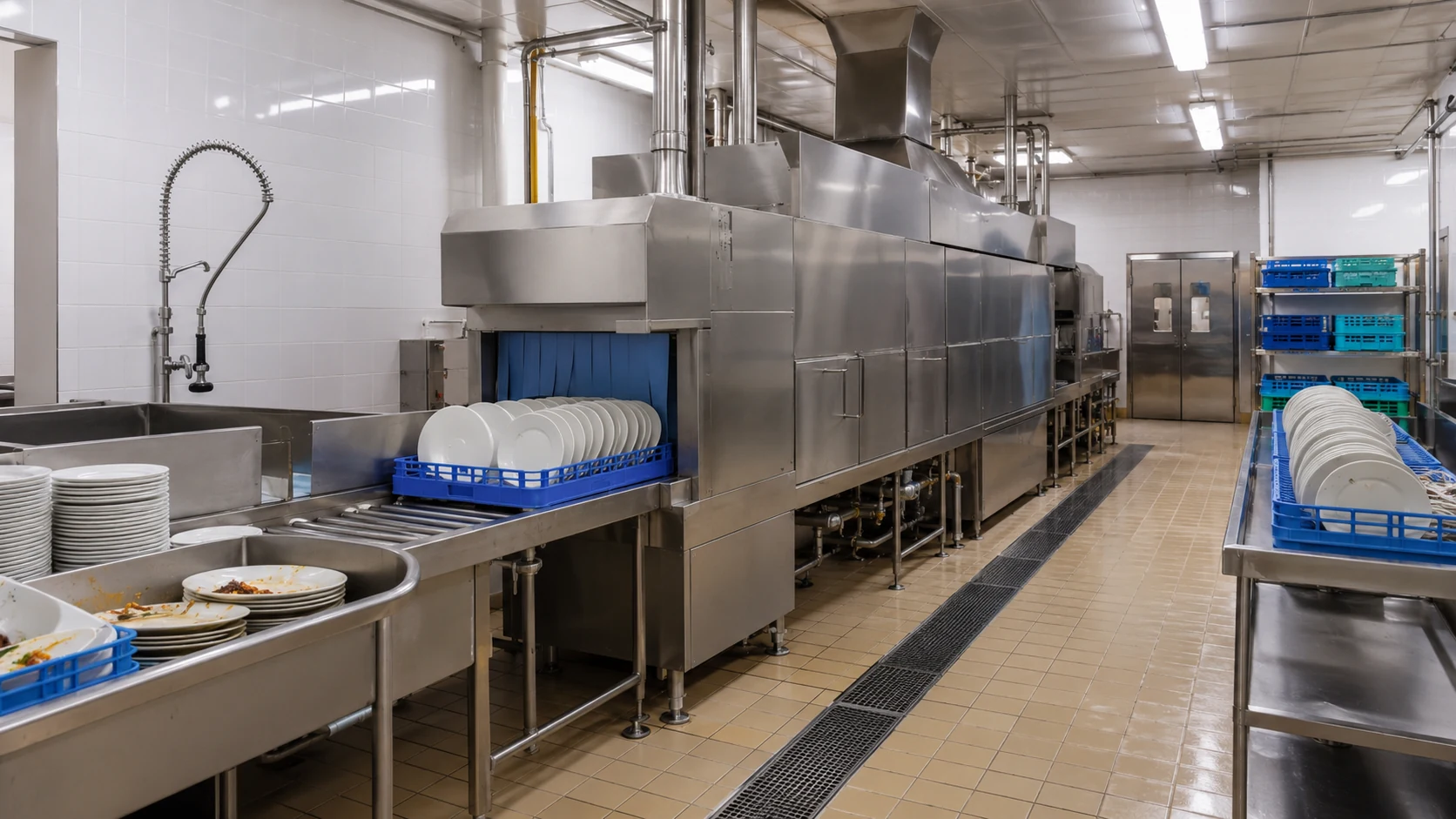 commercial conveyor dishwashers in a high-volume institutional dishroom