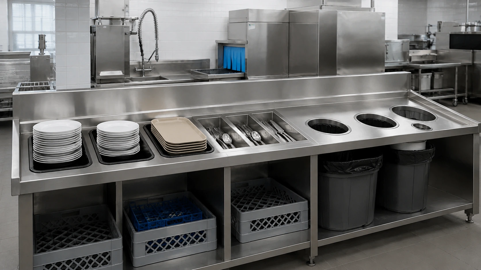 Commercial dish sorting station with areas for plates trays cutlery food waste and dish racks