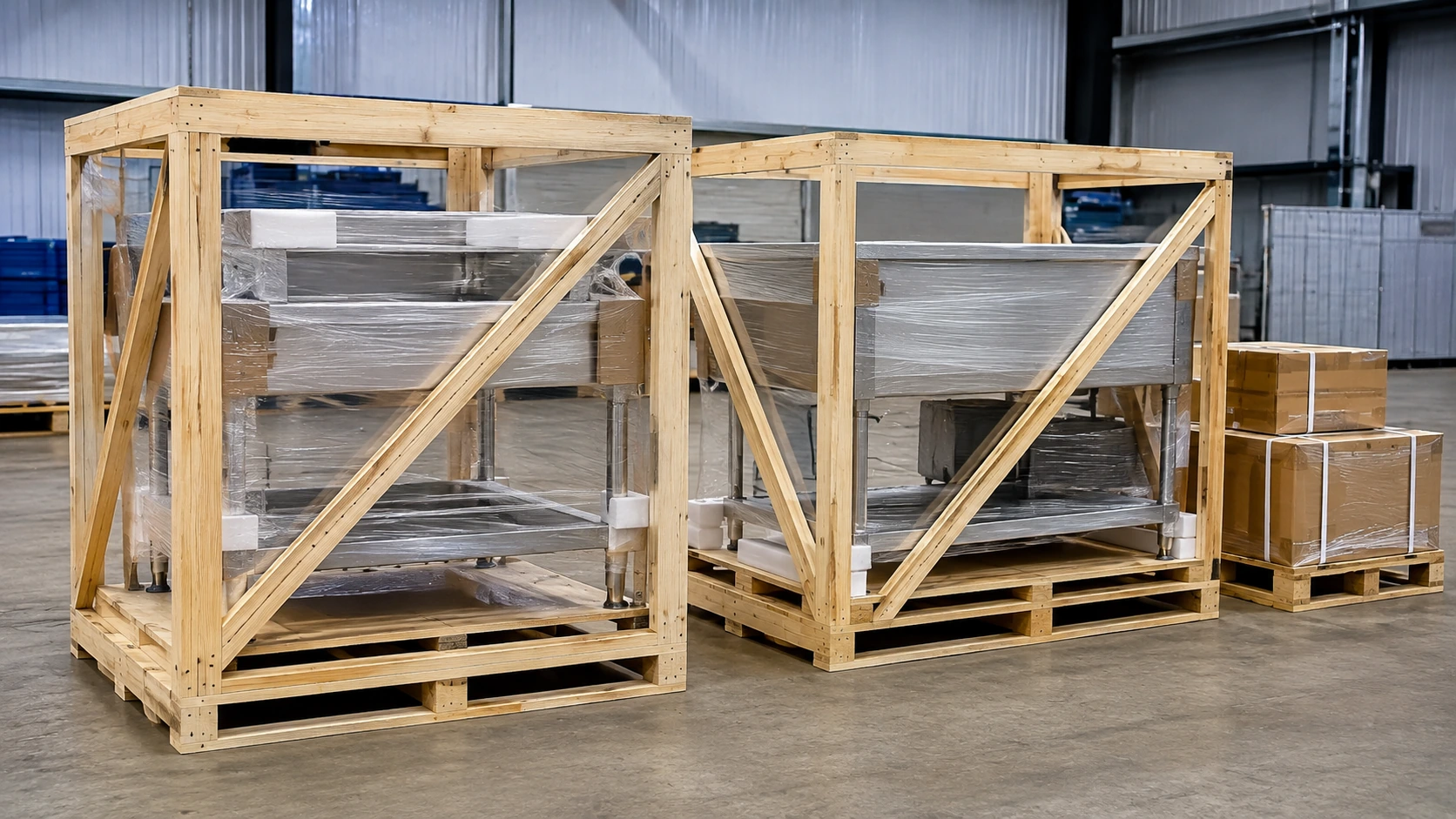 Commercial dish tables separately protected with film corner guards pallets and reinforced export wooden frames