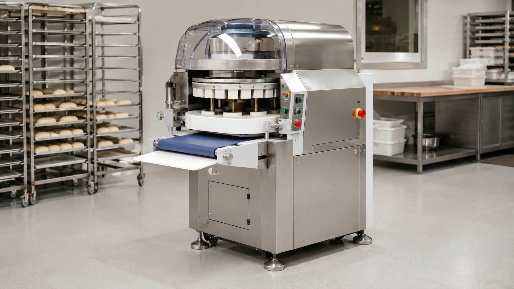 Commercial dough divider and rounder for bakery production