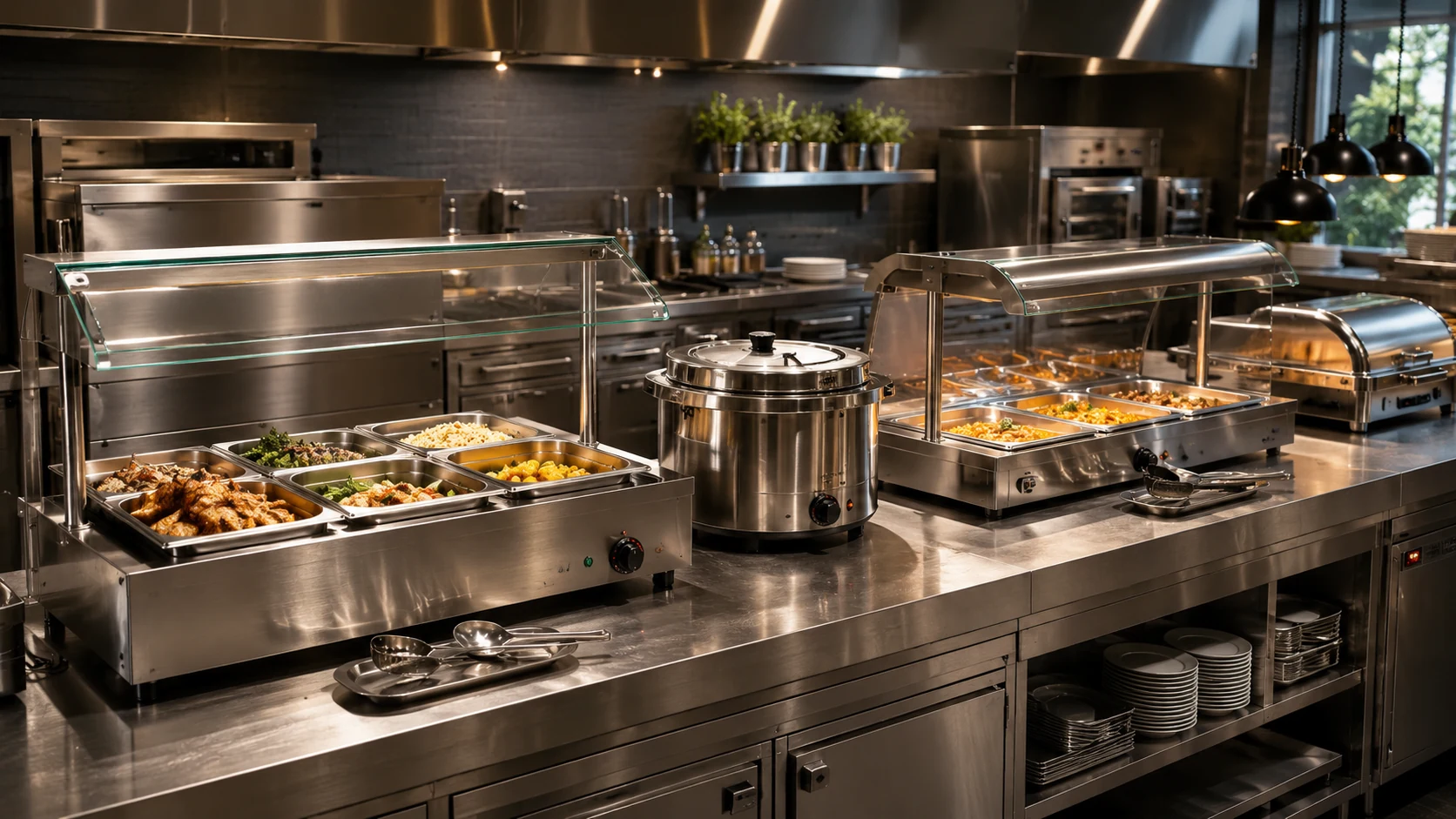 commercial food warmers and bain maries in a modern restaurant serving area