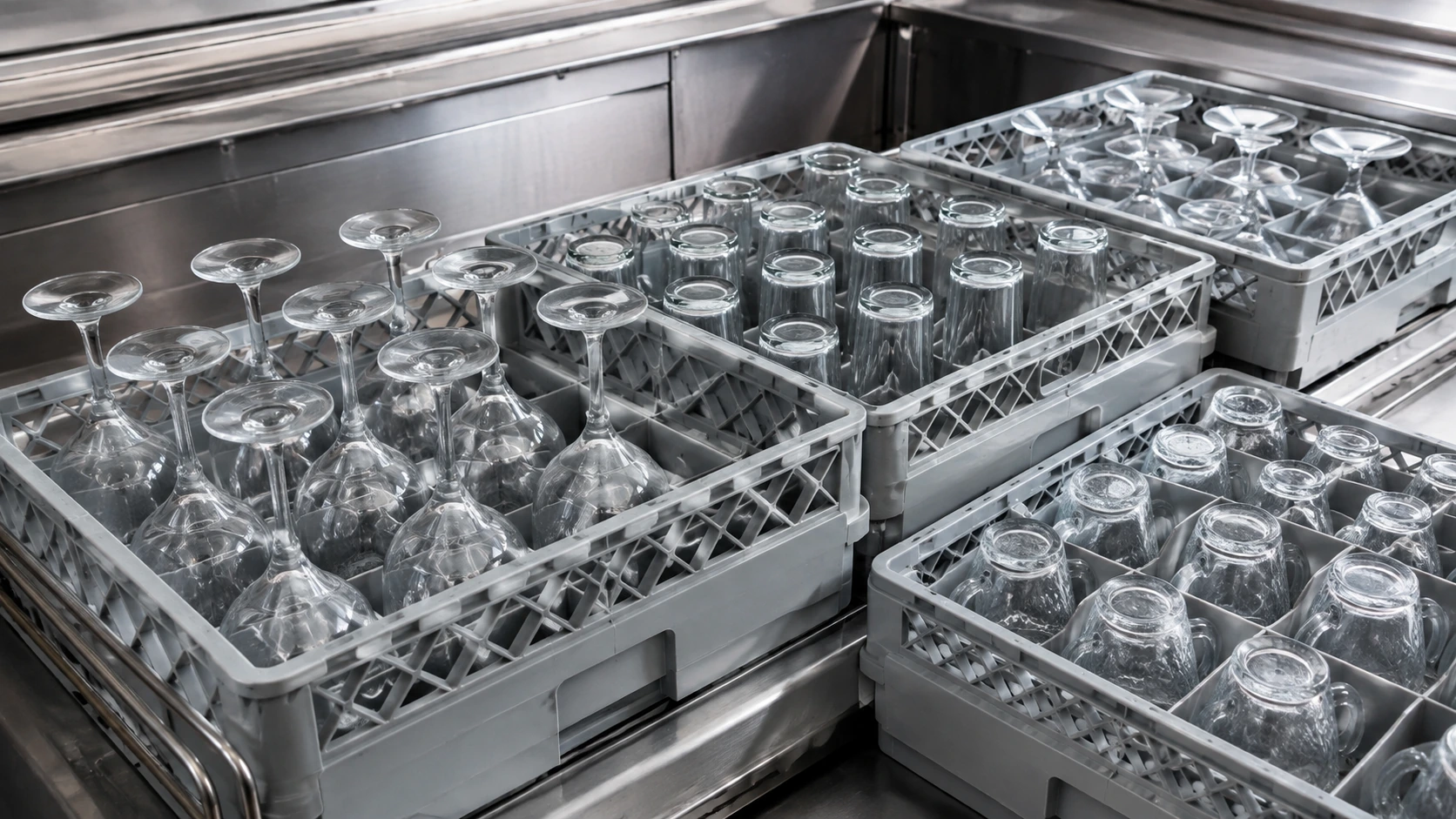 Commercial glass washer racks loaded with wine glasses beer glasses tumblers and cups