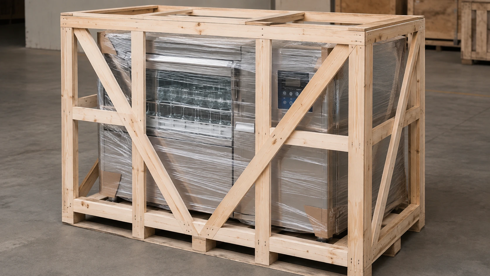 Commercial glass washer protected with film corner guards pallet and reinforced export wooden frame
