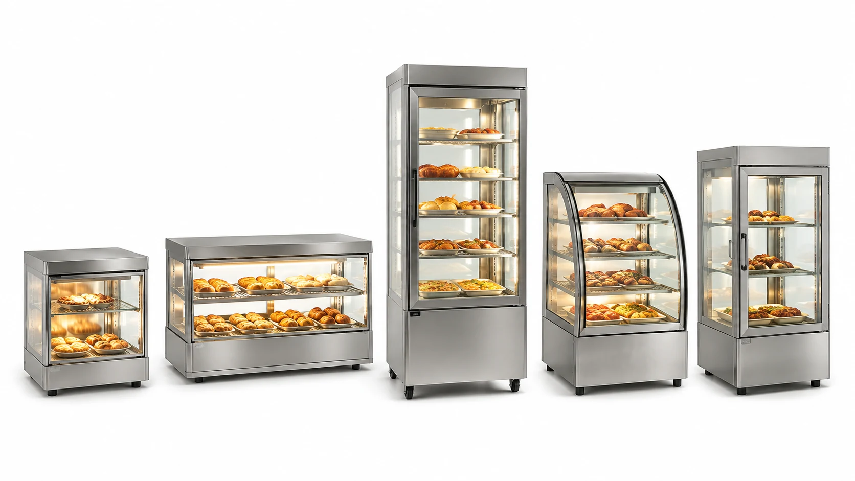 commercial heated display cabinet range with countertop and floor-standing models