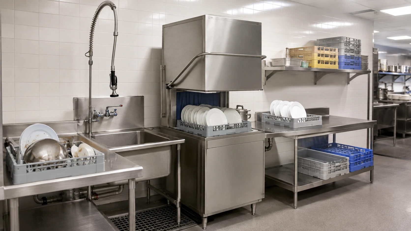 commercial hood type dishwashers used in a hotel banquet kitchen dishwashing area