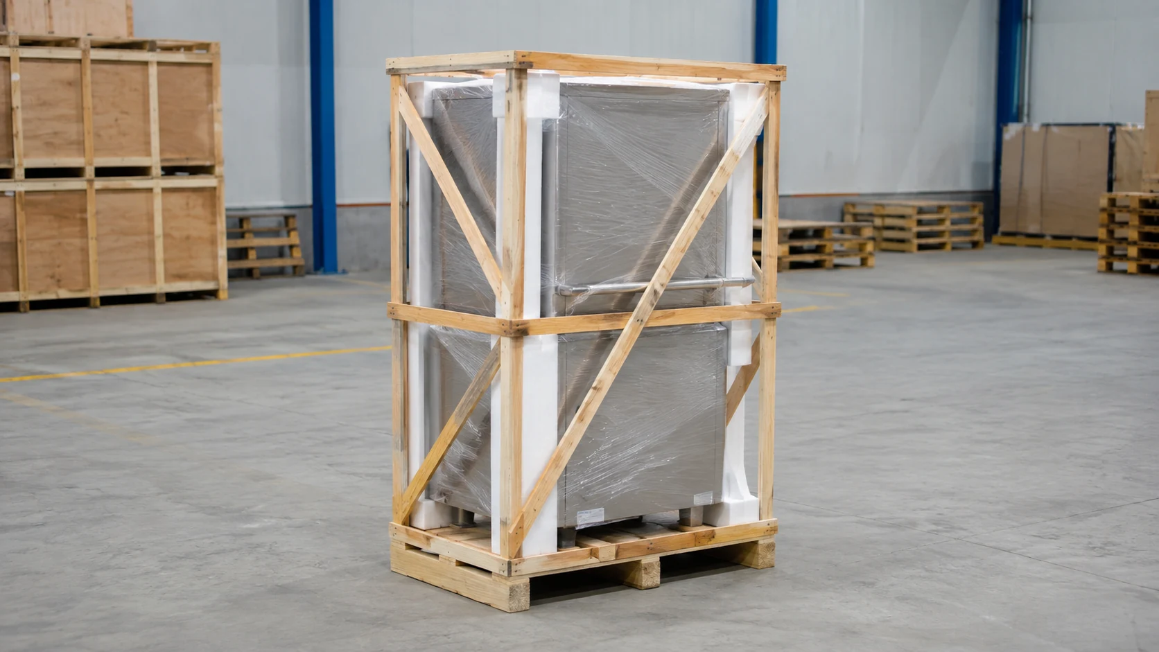 commercial hood type dishwasher closely protected in an export wooden frame with diagonal bracing