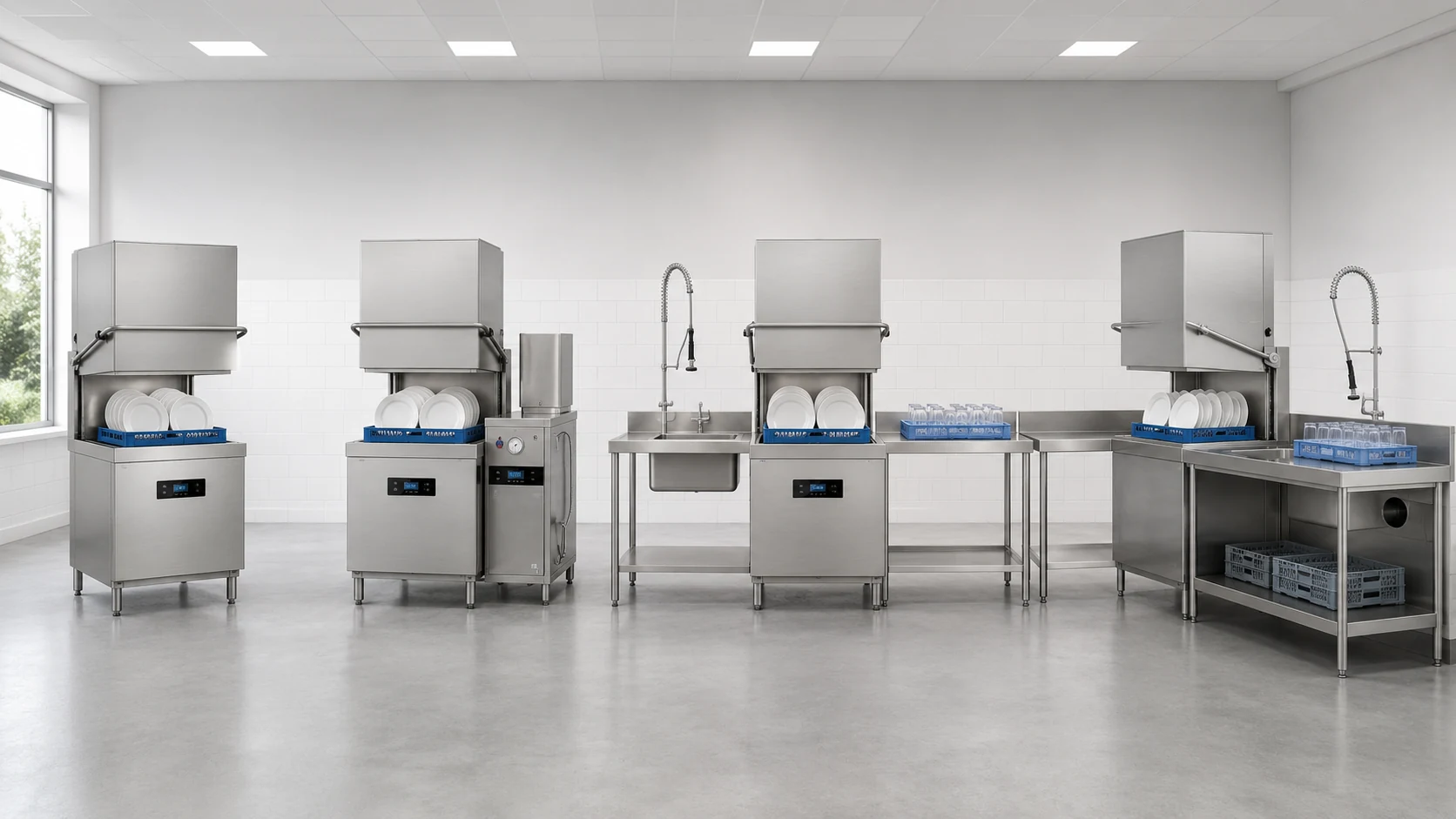 range of commercial hood type dishwashers with different pass-through configurations