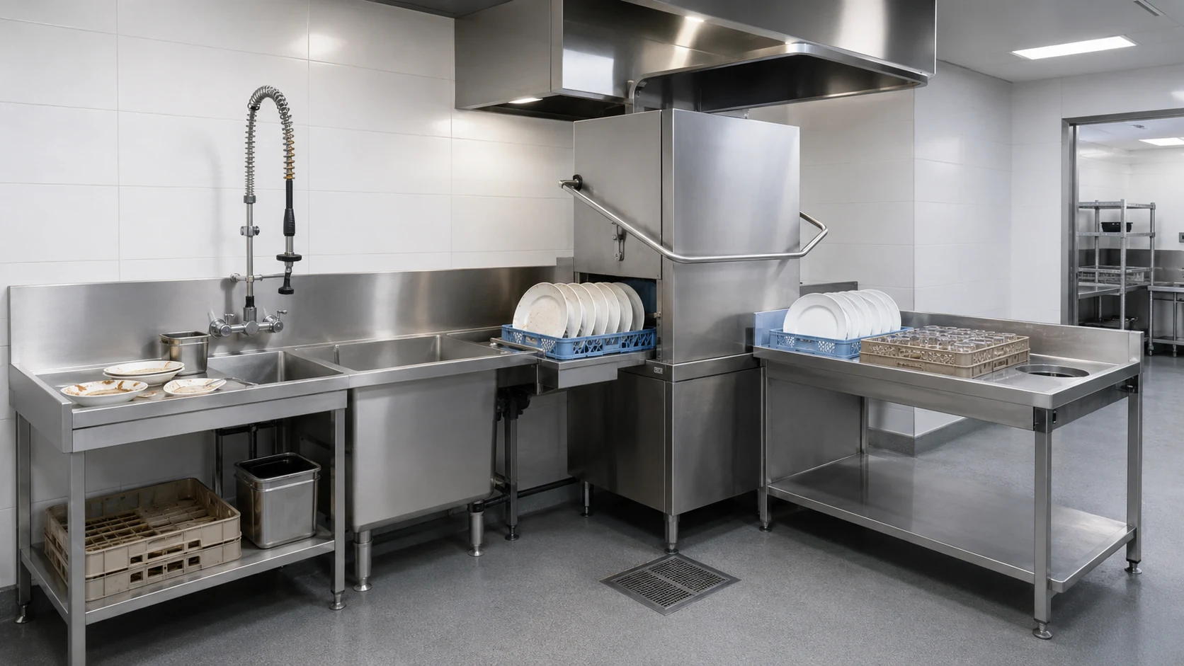 commercial hood type dishwashers installed with pre-rinse sink inlet table and clean dish table