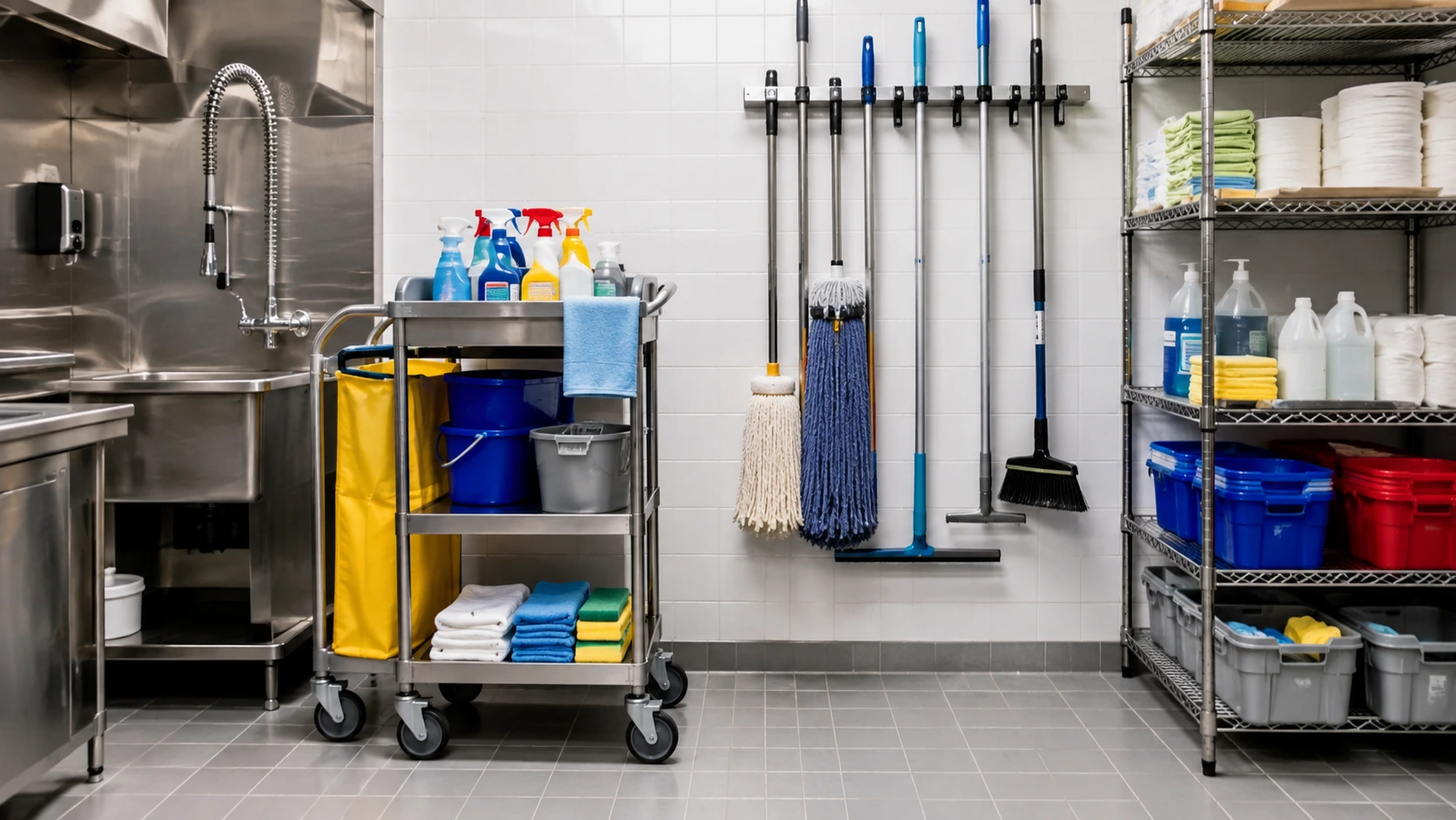 Commercial kitchen cleaning station with stainless steel trolley tool rack utility sink chemicals mops and storage shelving