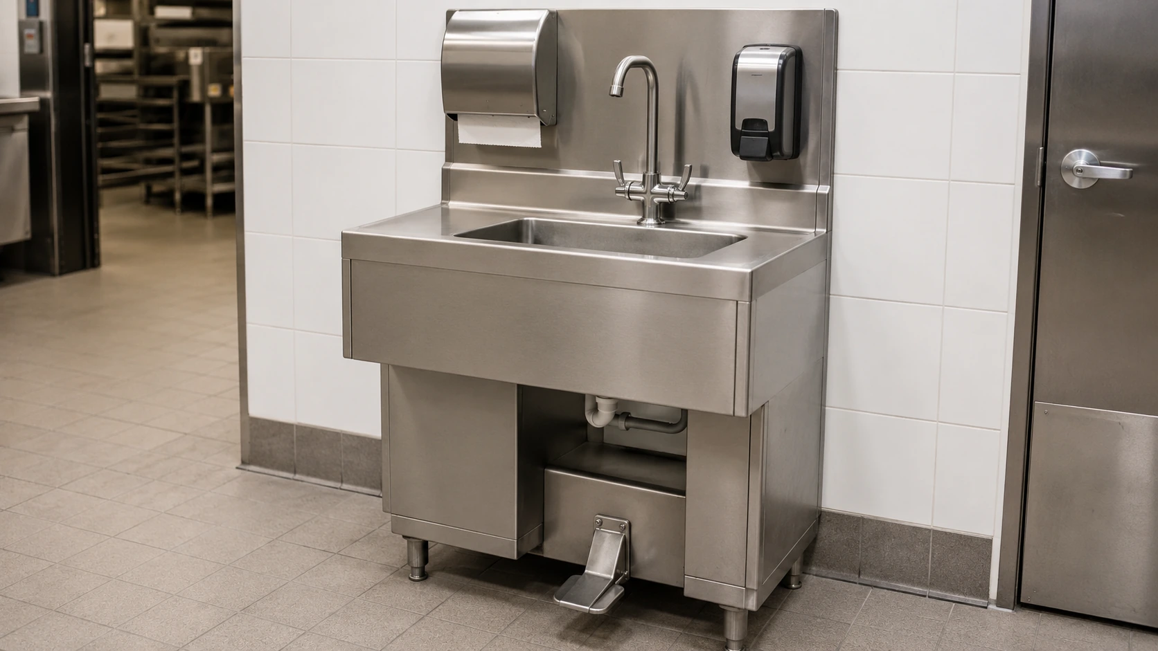 Commercial Kitchen Hygiene Equipment including a stainless steel hand wash station with foot control soap dispenser and paper towel holder