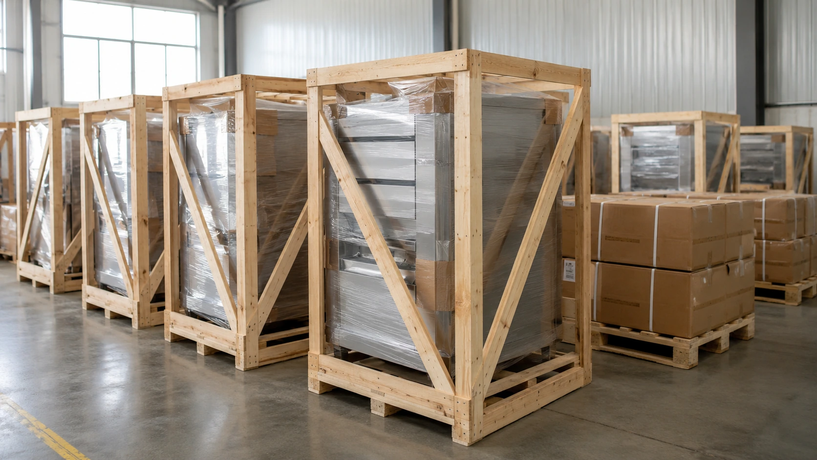 Commercial kitchen hygiene equipment separately protected in reinforced wooden frames with accessory cartons on export pallets