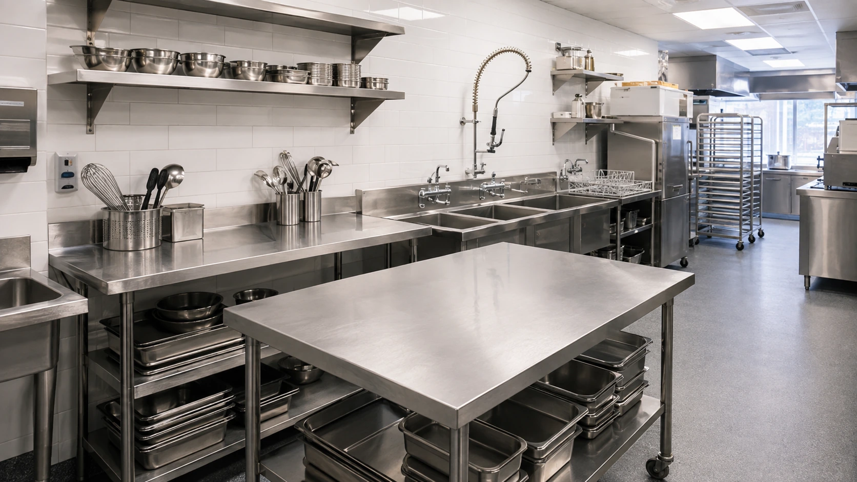 commercial kitchen stainless steel work area