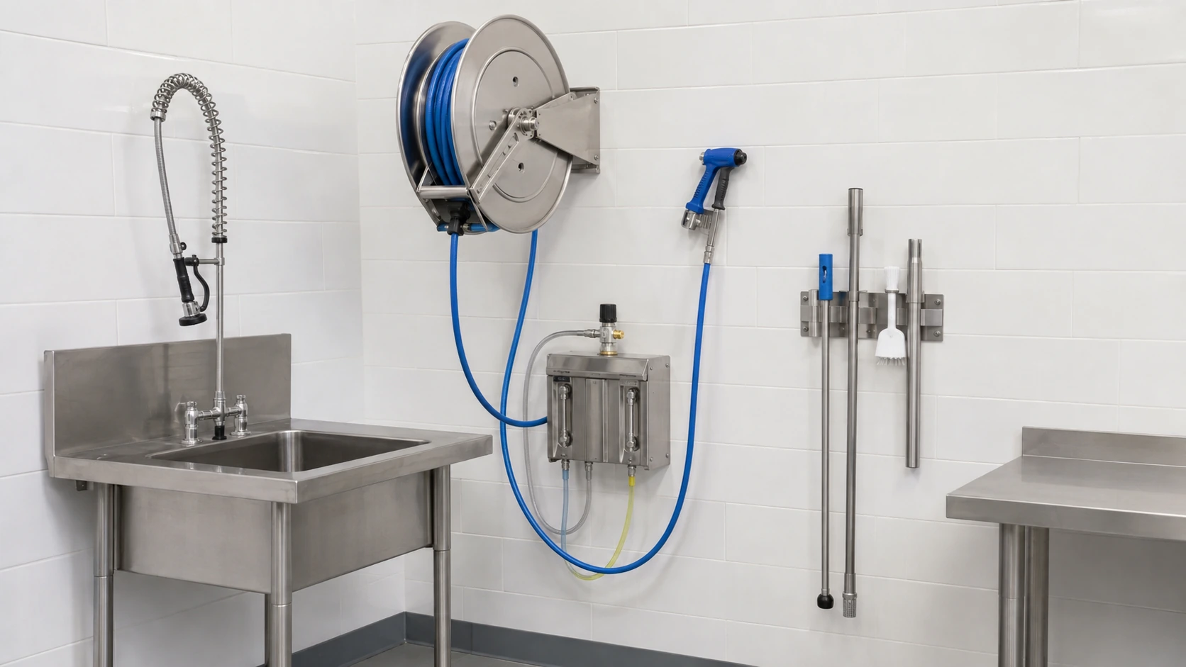 Commercial kitchen washdown station with stainless steel hose reel spray gun mixing unit sink and cleaning tool holder