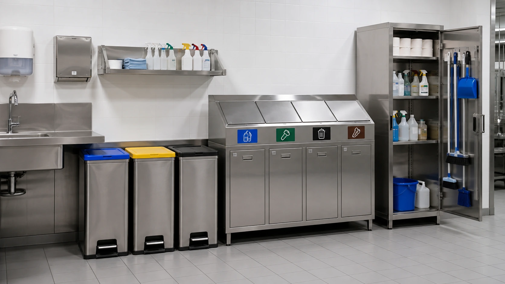 Commercial kitchen waste management equipment with pedal bins sorting cabinet hand wash sink and cleaning storage cabinet