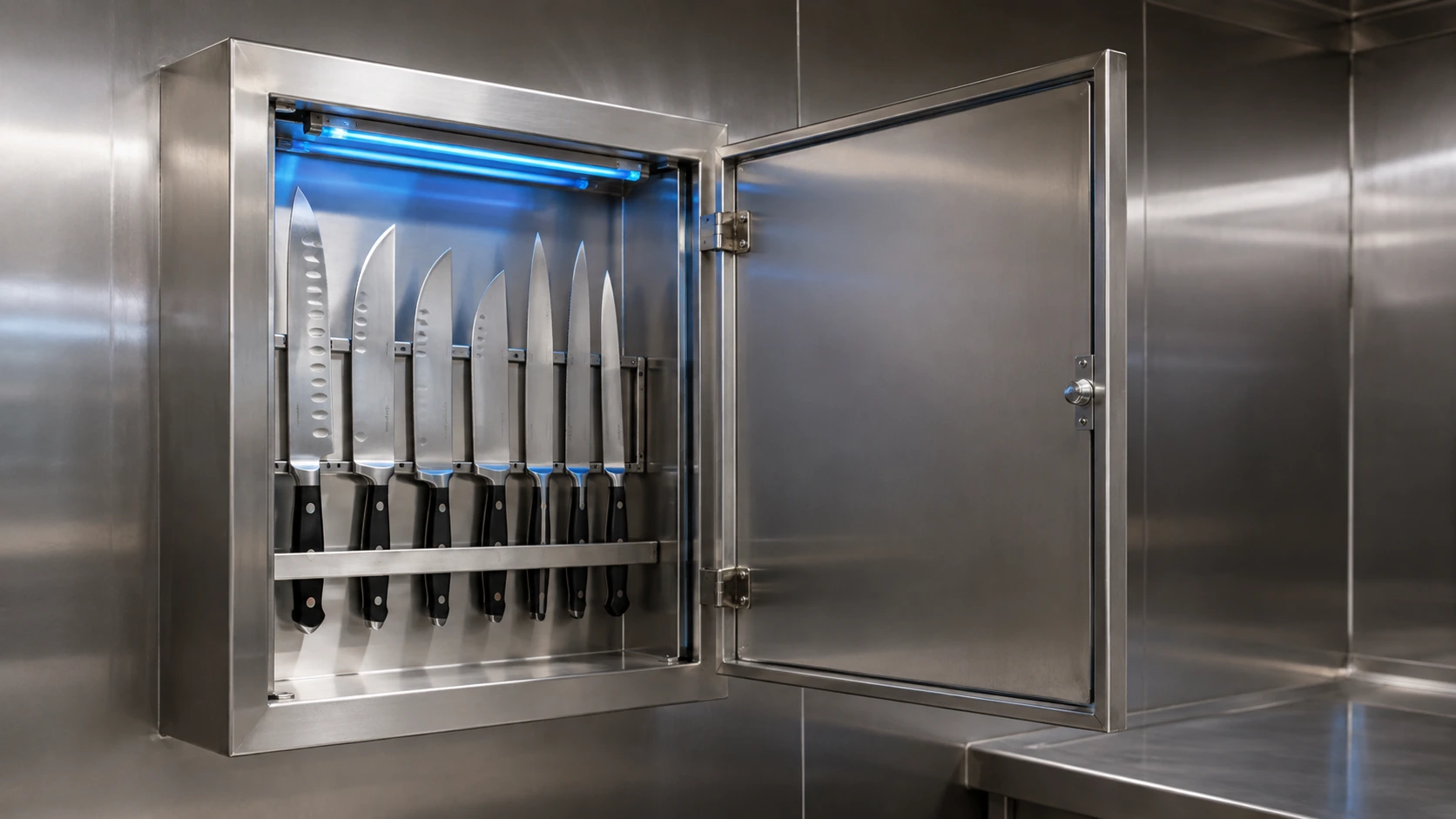 Wall mounted stainless steel commercial knife sanitizing cabinet with organized knife holders