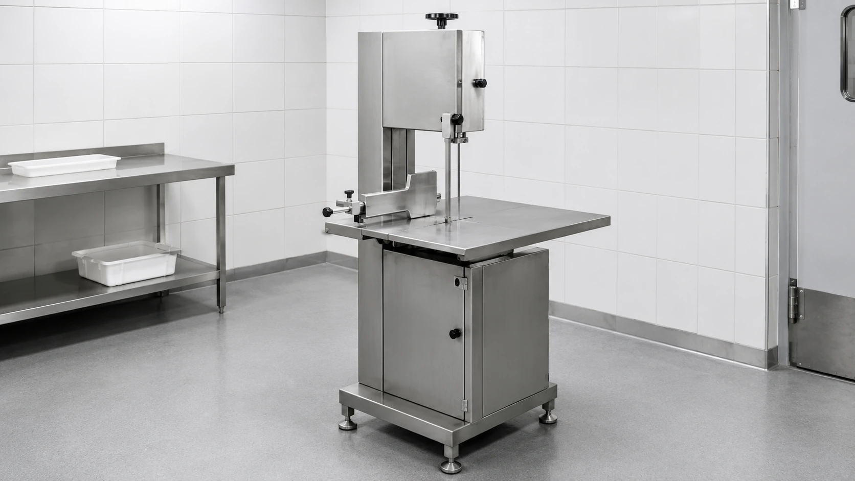 Floor-standing commercial meat bone saw with worktable and safety guide