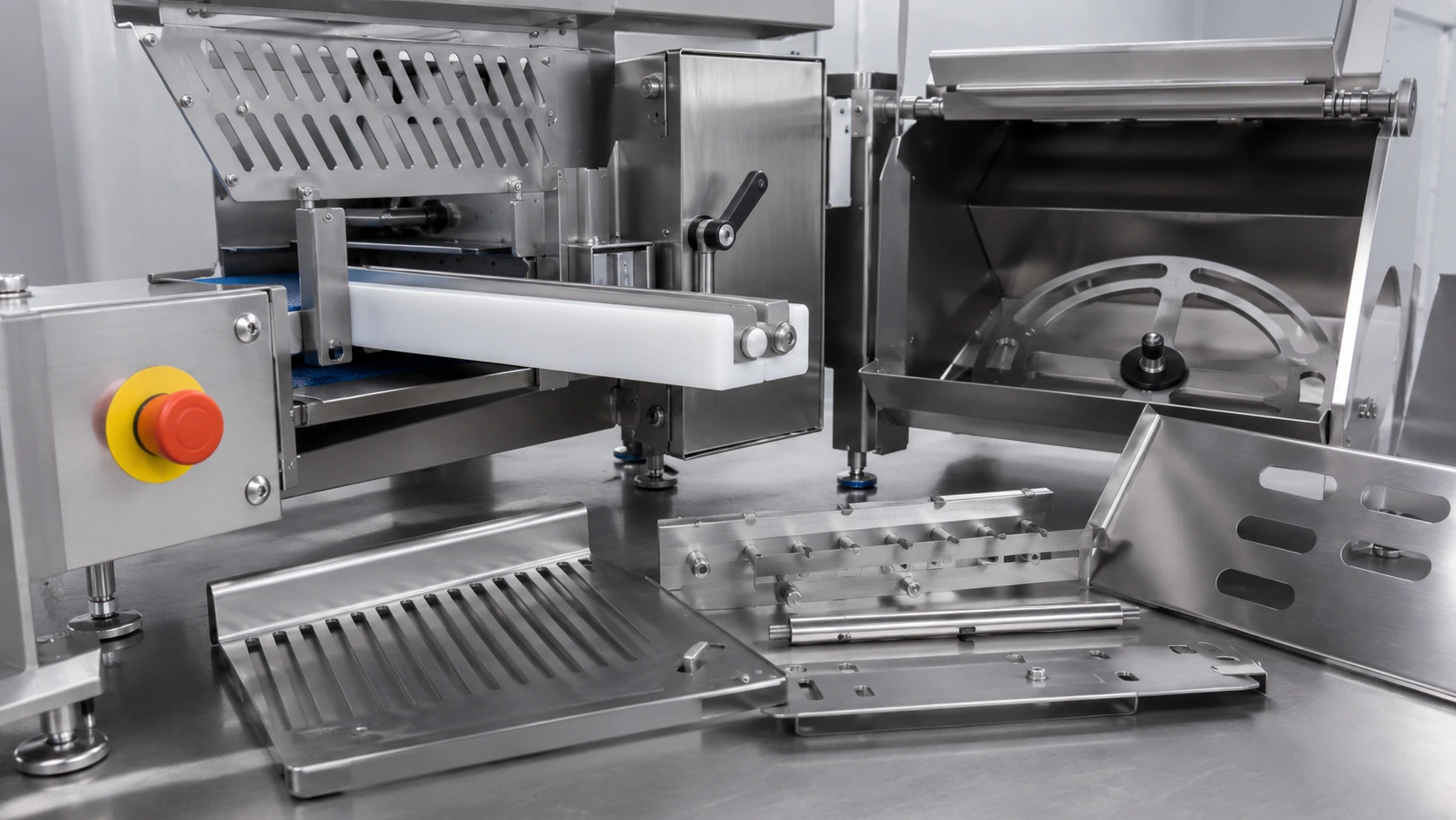 Commercial meat processing equipment safety guards emergency stop and removable cleaning parts