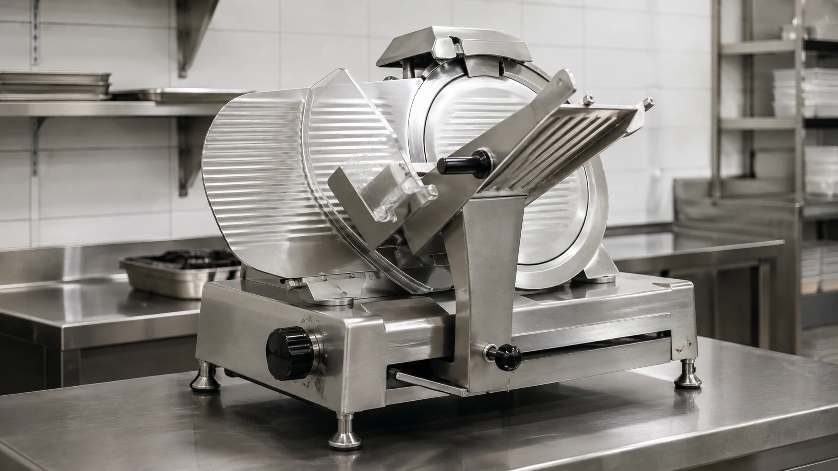 Commercial meat slicer with blade guard and food carriage