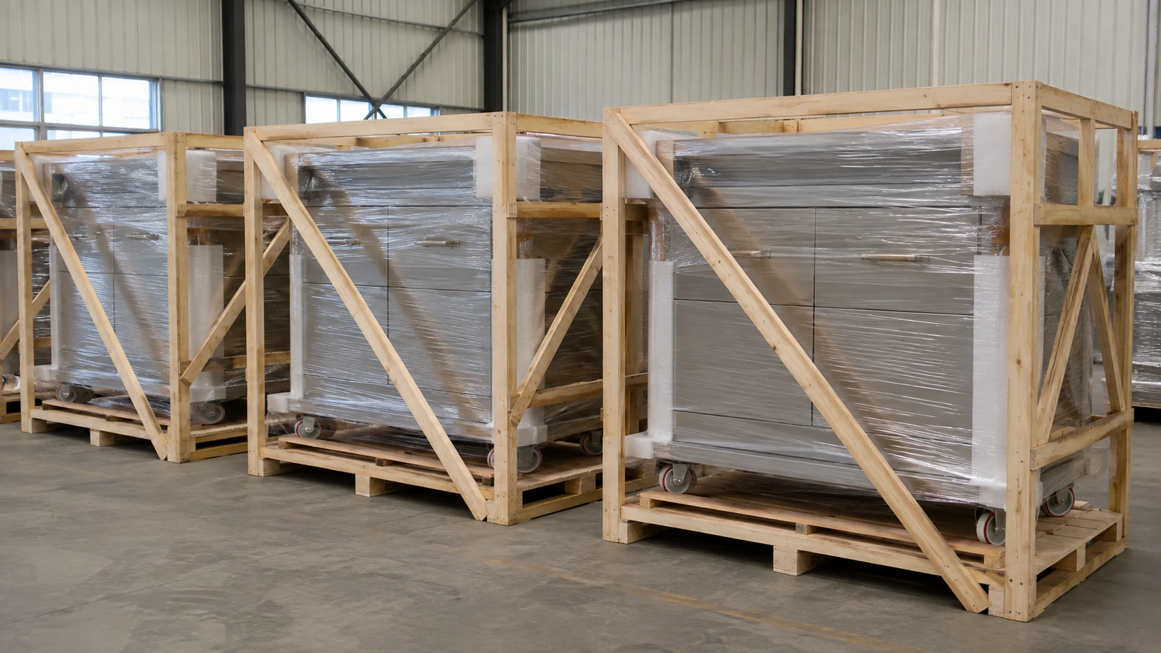 commercial mobile catering equipment protected in wooden export frames with diagonal bracing