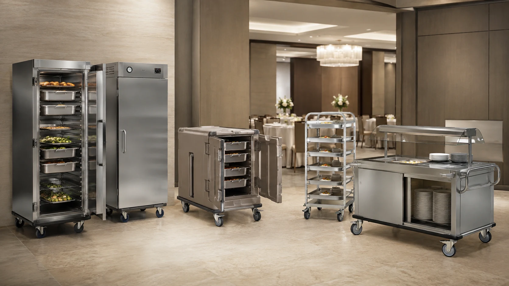 commercial mobile catering equipment in a hotel banquet service area