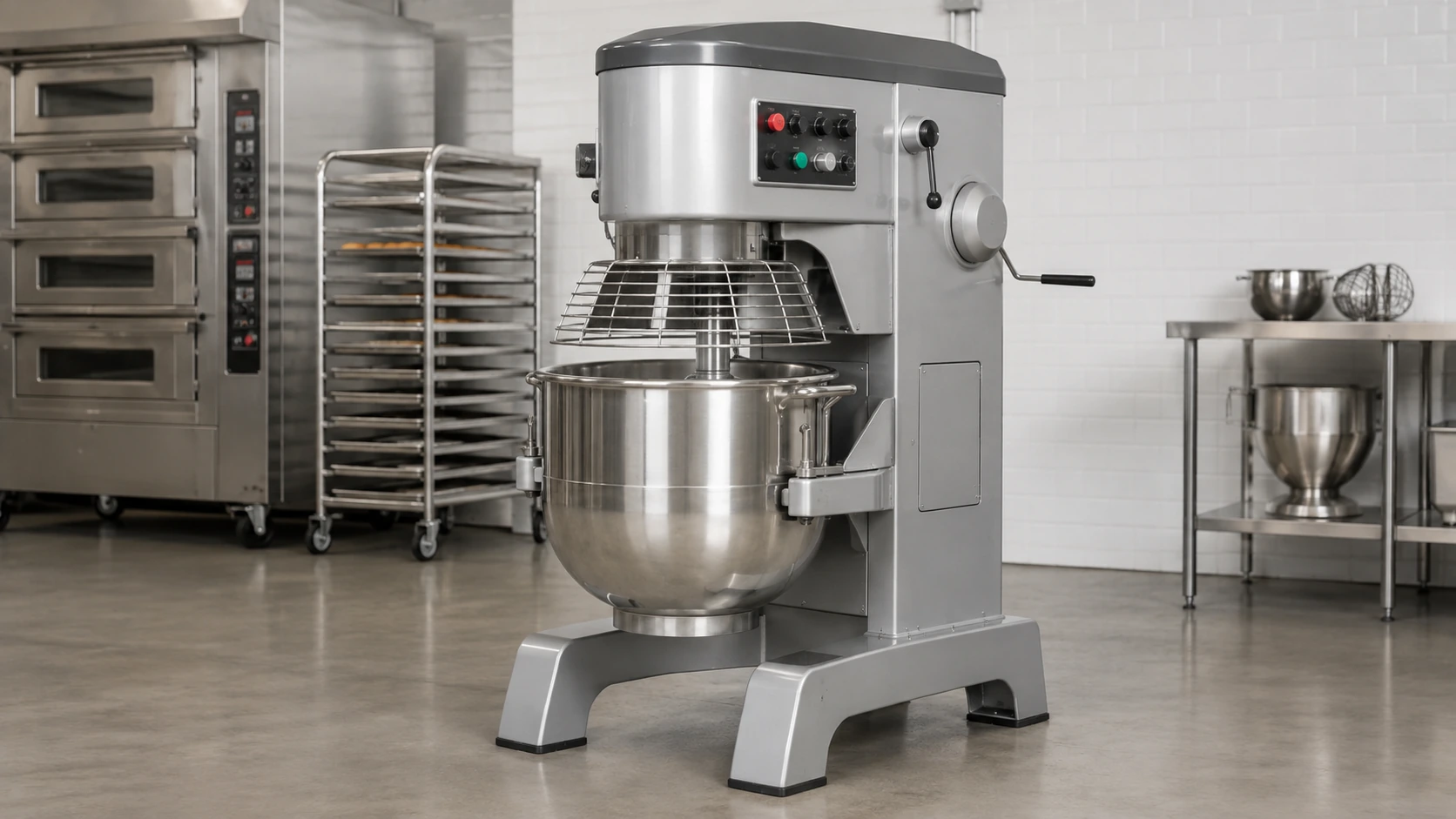 Commercial planetary mixer with bowl guard and industrial controls