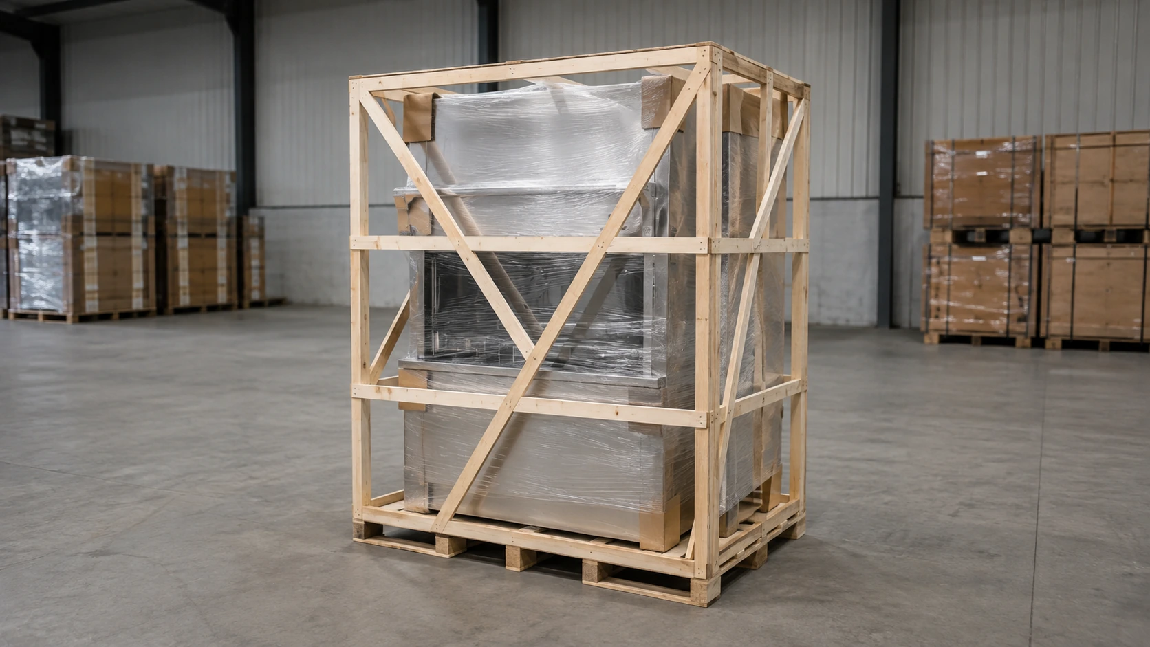 Commercial pot washer protected with film corner guards pallet and reinforced export wooden frame