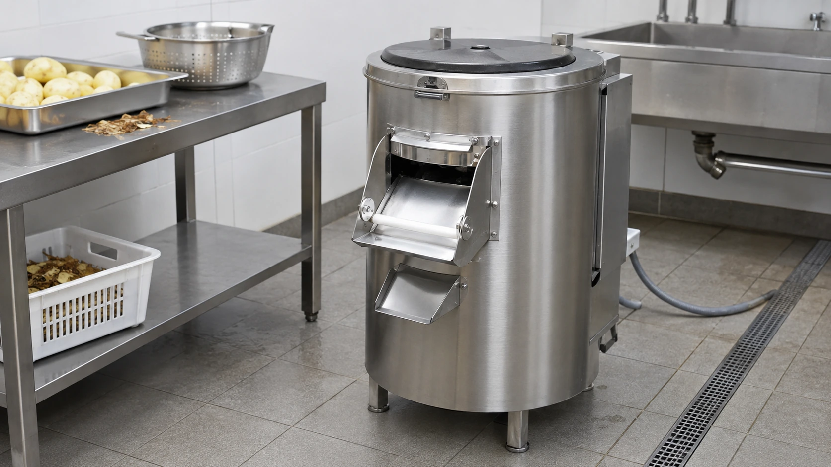Floor-standing commercial potato peeler with discharge outlet and drainage area