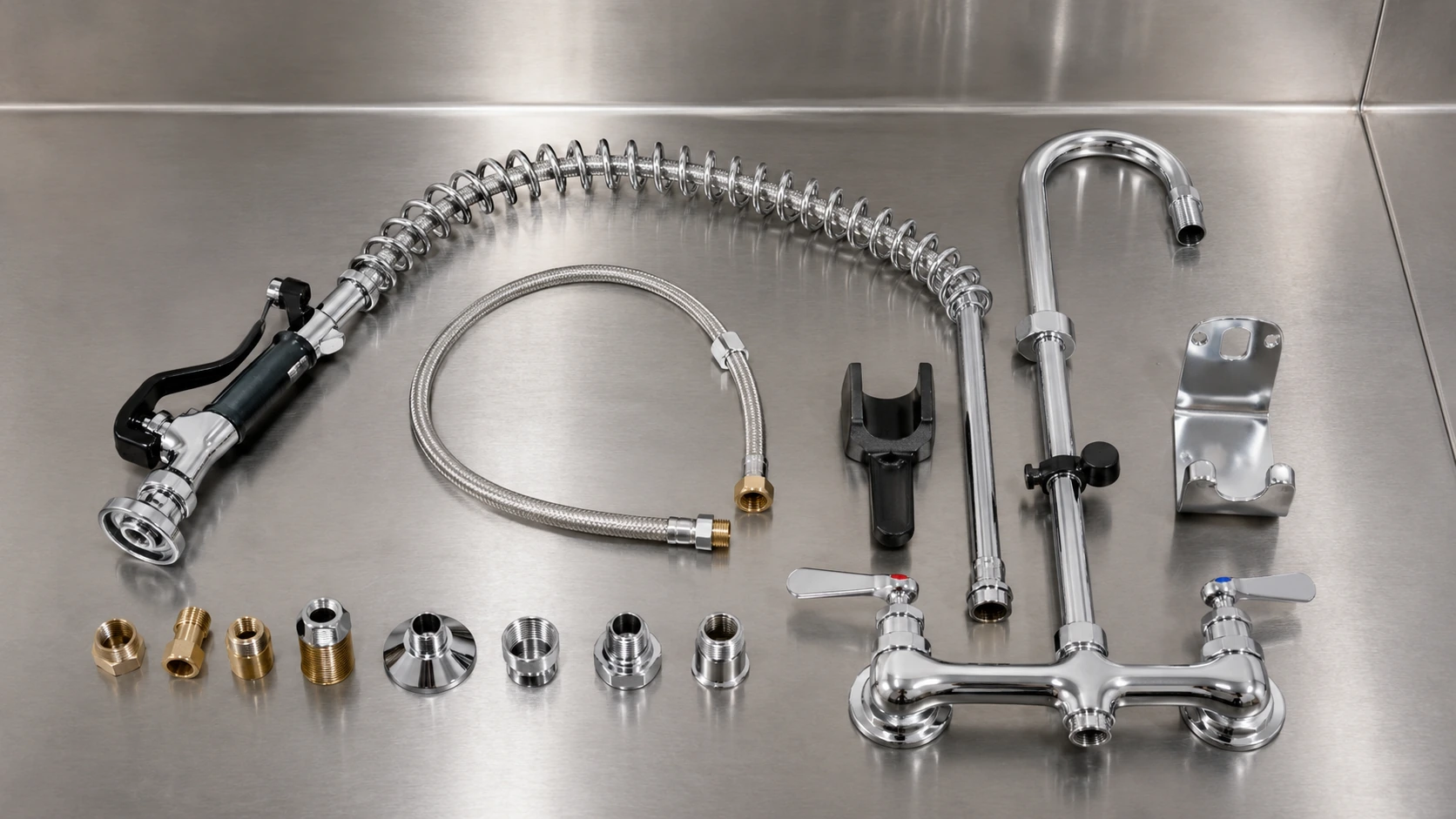 Commercial pre-rinse unit components including spray valve spring hose riser faucet body bracket and fittings