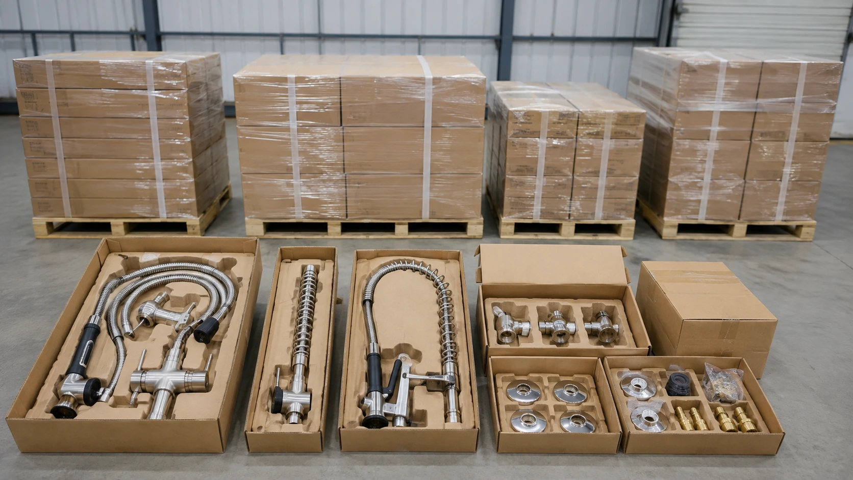 Commercial pre-rinse unit components protected in cartons and arranged on export pallets