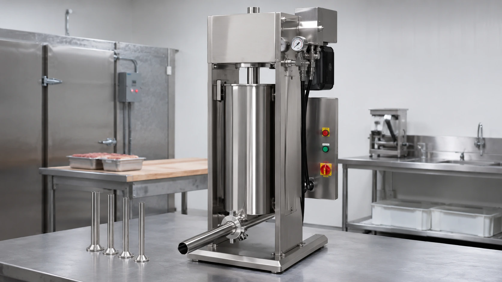 Commercial vertical sausage stuffer with stainless steel cylinder and filling tubes